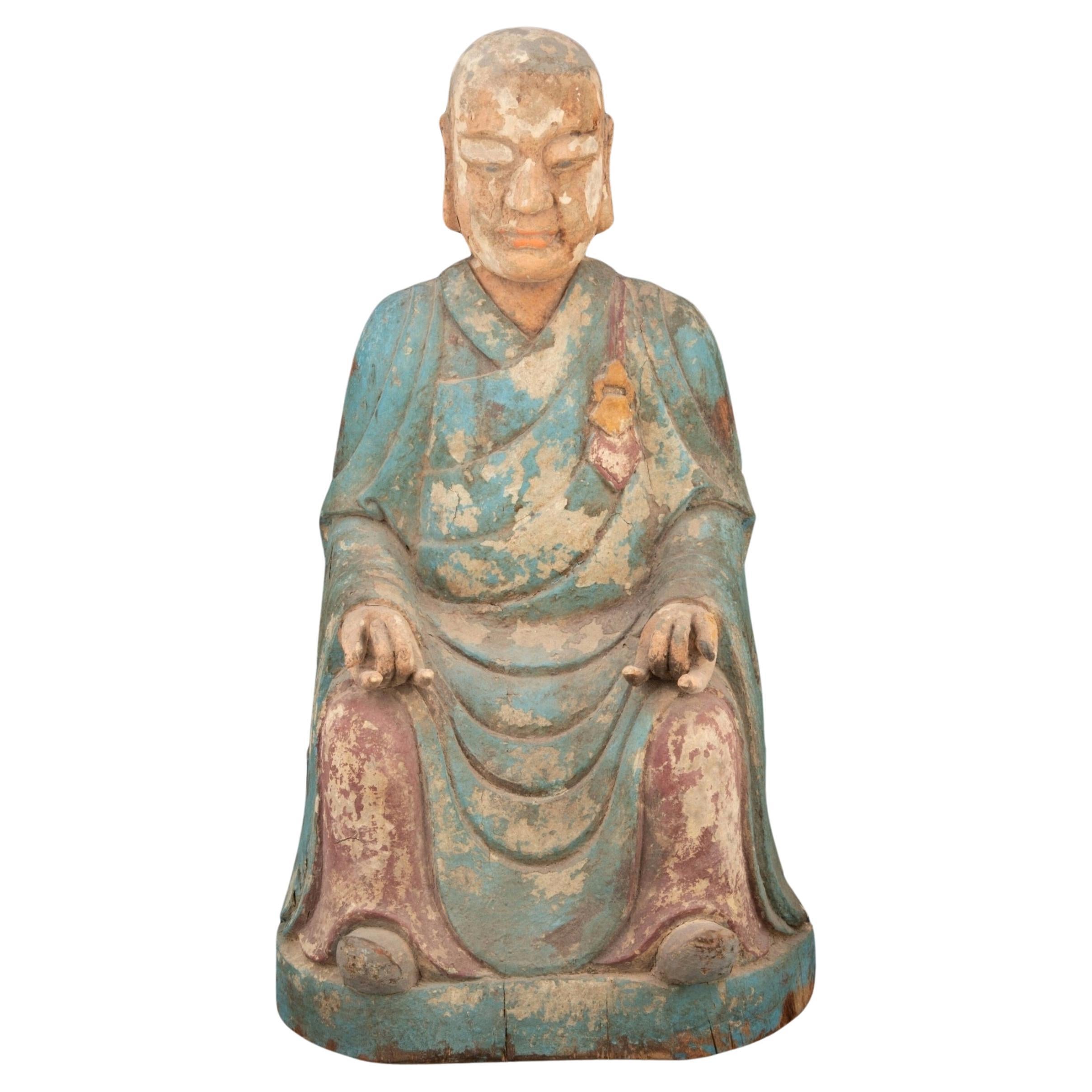 Antique Korean Carved Polychrome Wooden Buddhist Figure Sculpture For Sale