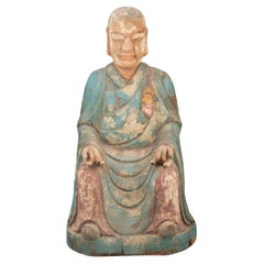 Antique Korean Carved Polychrome Wooden Buddhist Figure Sculpture