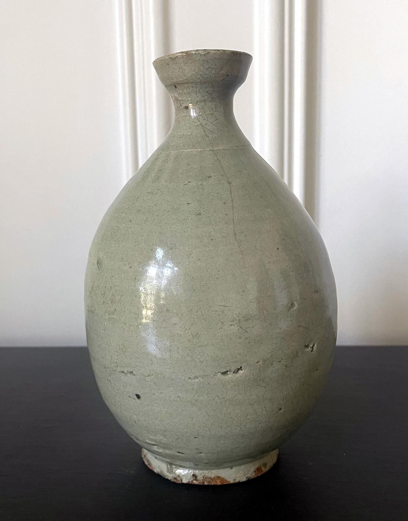 Archaistic Antique Korean Celadon Bottle Vase Joseon Dynasty For Sale