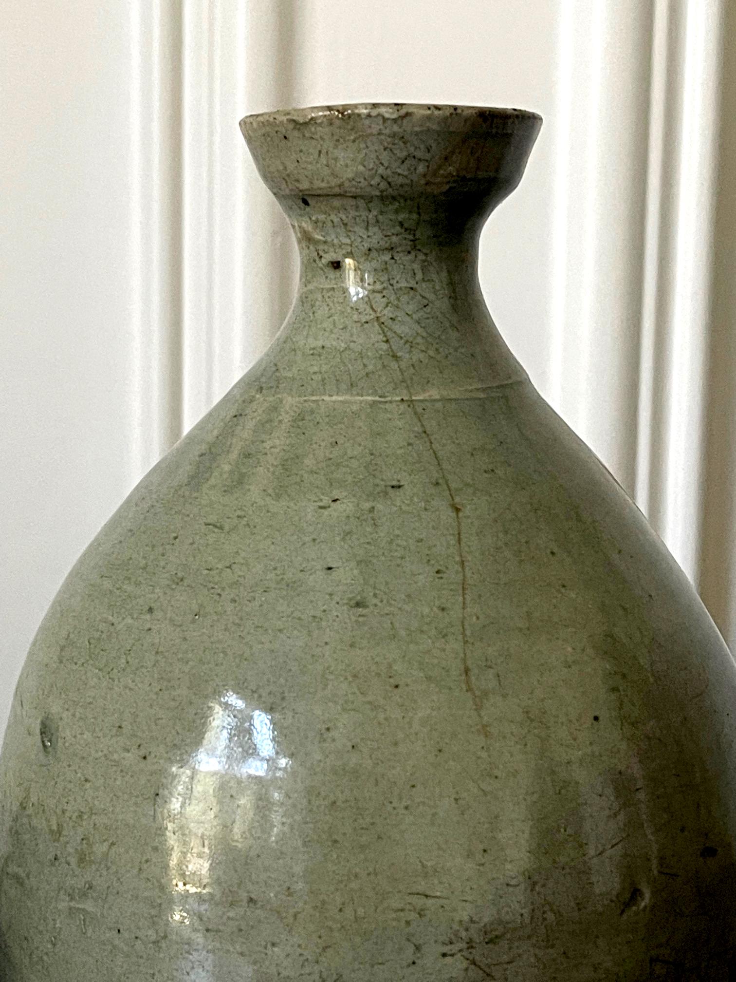 Glazed Antique Korean Celadon Bottle Vase Joseon Dynasty For Sale