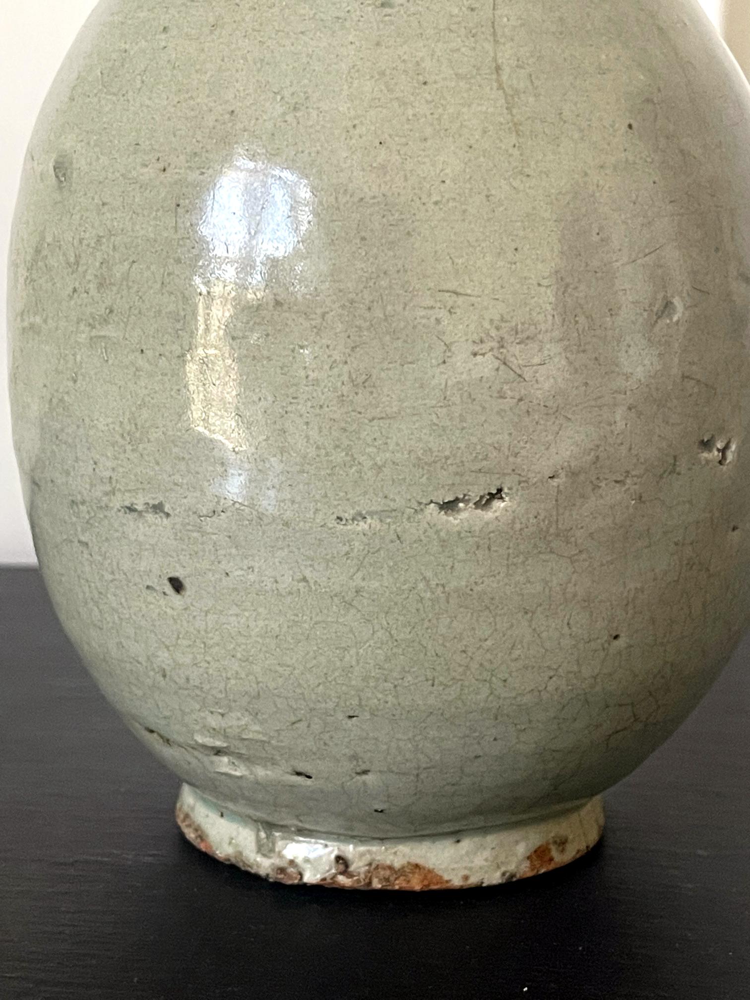 Ceramic Antique Korean Celadon Bottle Vase Joseon Dynasty For Sale
