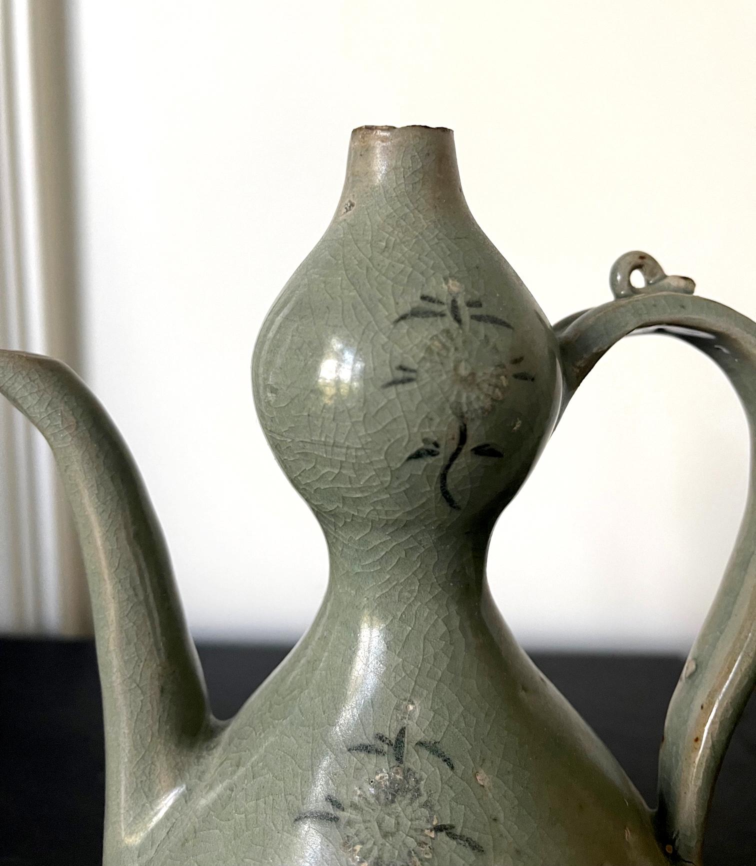 Antique Korean Celadon Ceramic Ewer with Slip Inlay Goryeo Dynasty 2