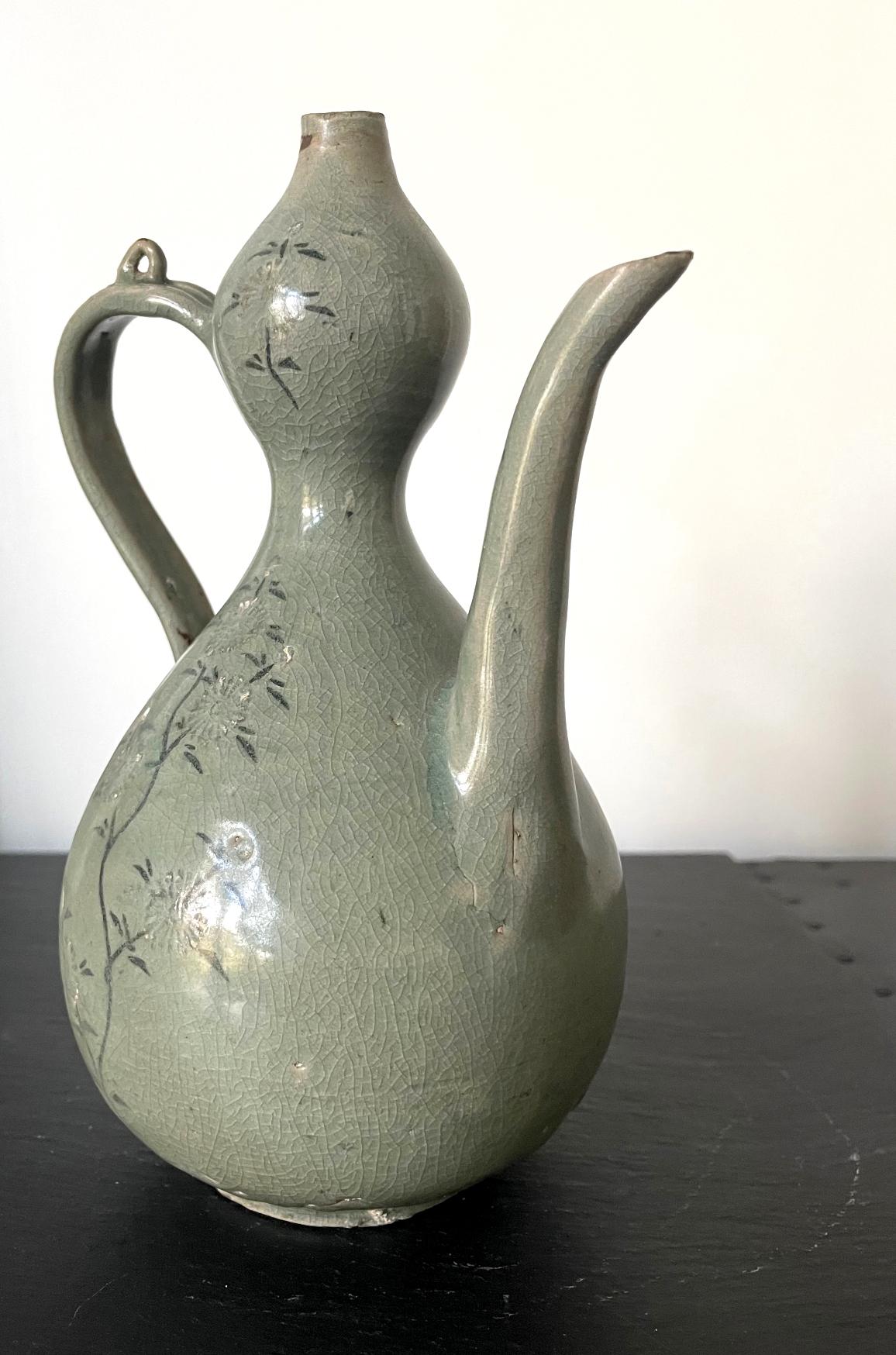 Archaistic Antique Korean Celadon Ceramic Ewer with Slip Inlay Goryeo Dynasty