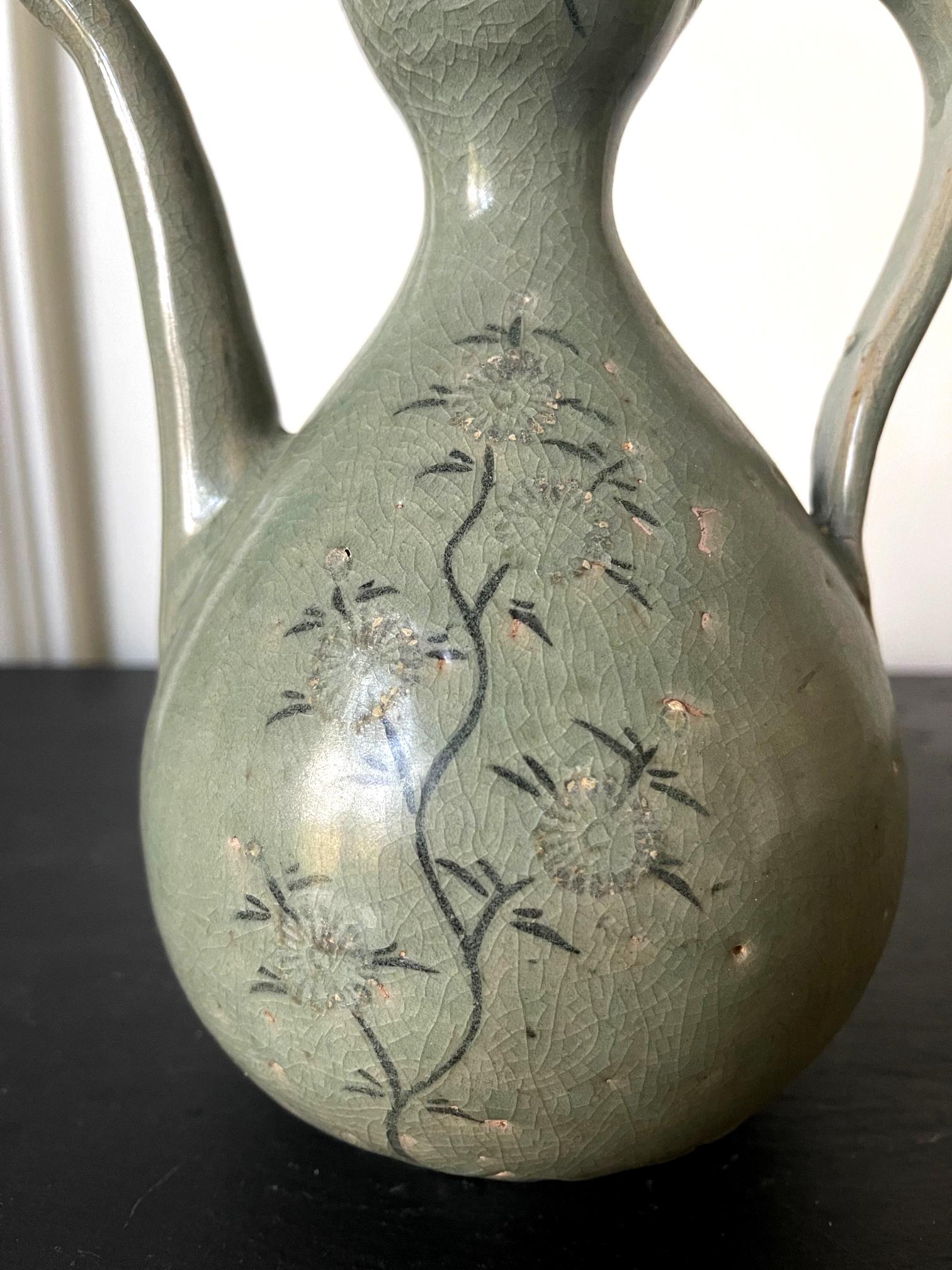 18th Century and Earlier Antique Korean Celadon Ceramic Ewer with Slip Inlay Goryeo Dynasty