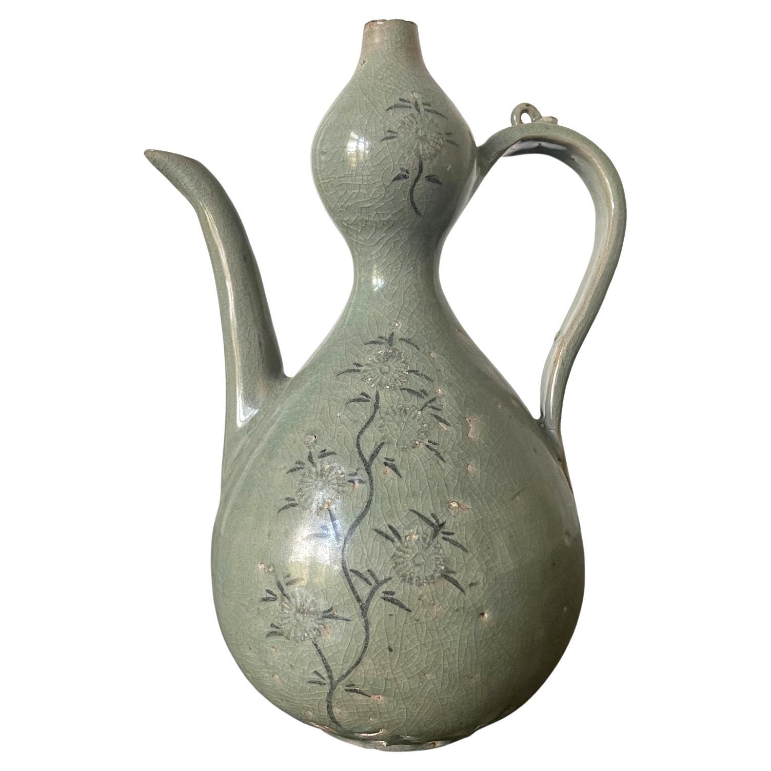 Antique Korean Celadon Ceramic Ewer with Slip Inlay Goryeo Dynasty