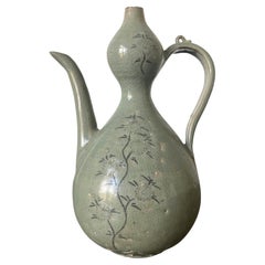 Antique Korean Celadon Ceramic Ewer with Slip Inlay Goryeo Dynasty