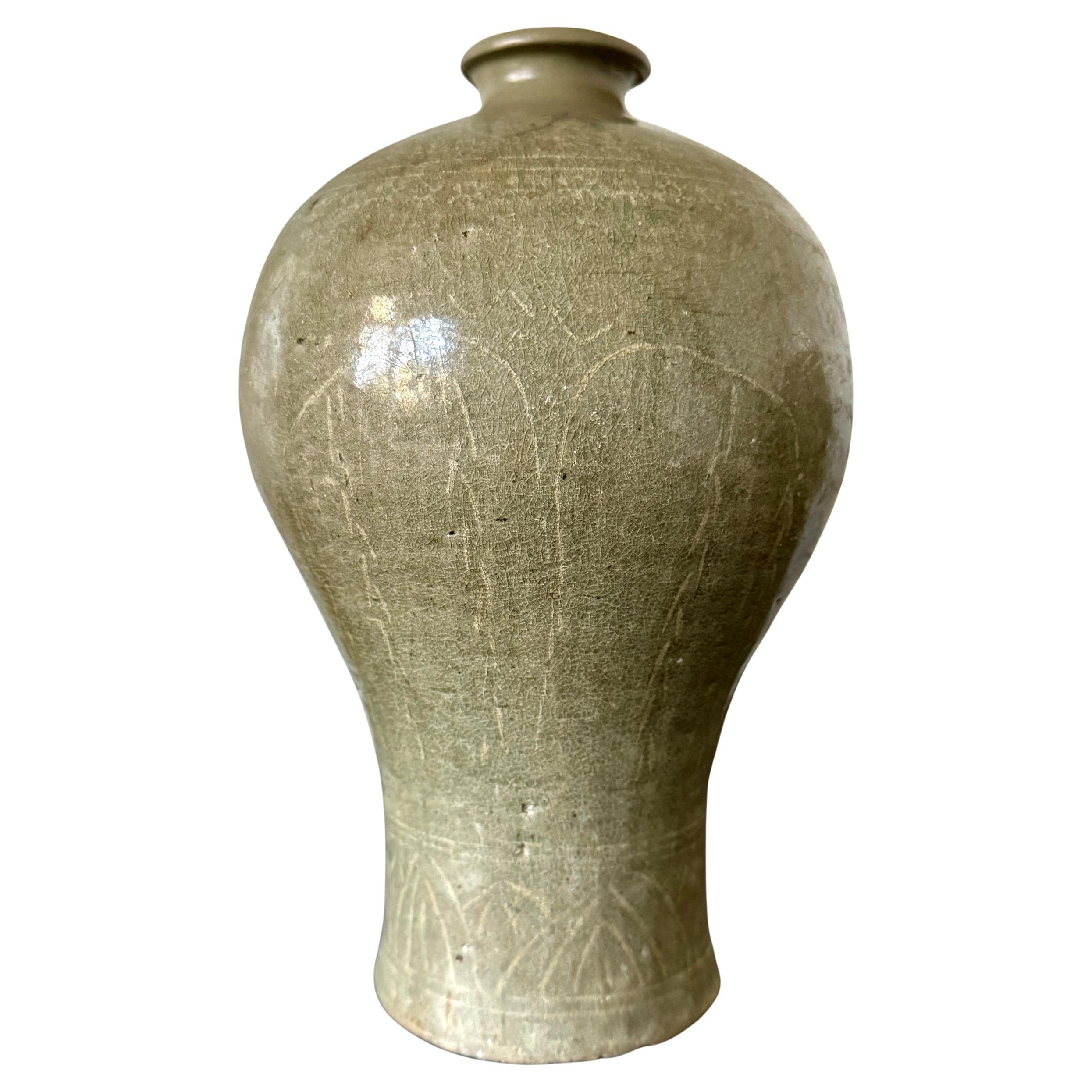 Antique Korean Celadon Ceramic Meiping Vase with Slip Inlay Goryeo Dynasty For Sale
