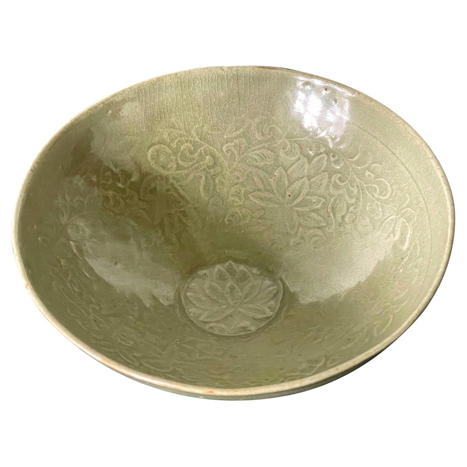 Antique Korean Ceramic Bowl with Carved Design Goryeo Dynasty For Sale