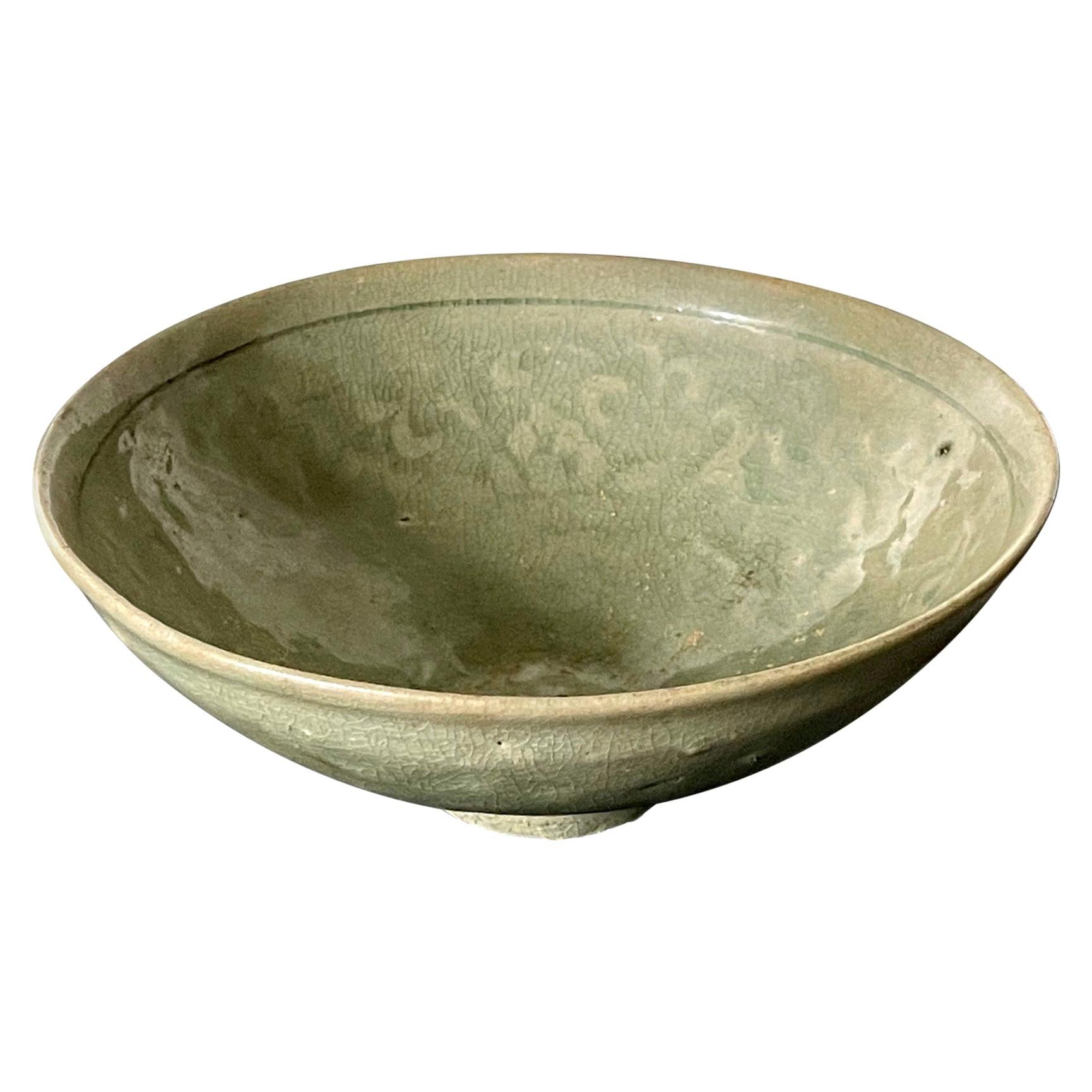 Antique Korean Ceramic Bowl with Incised Design 