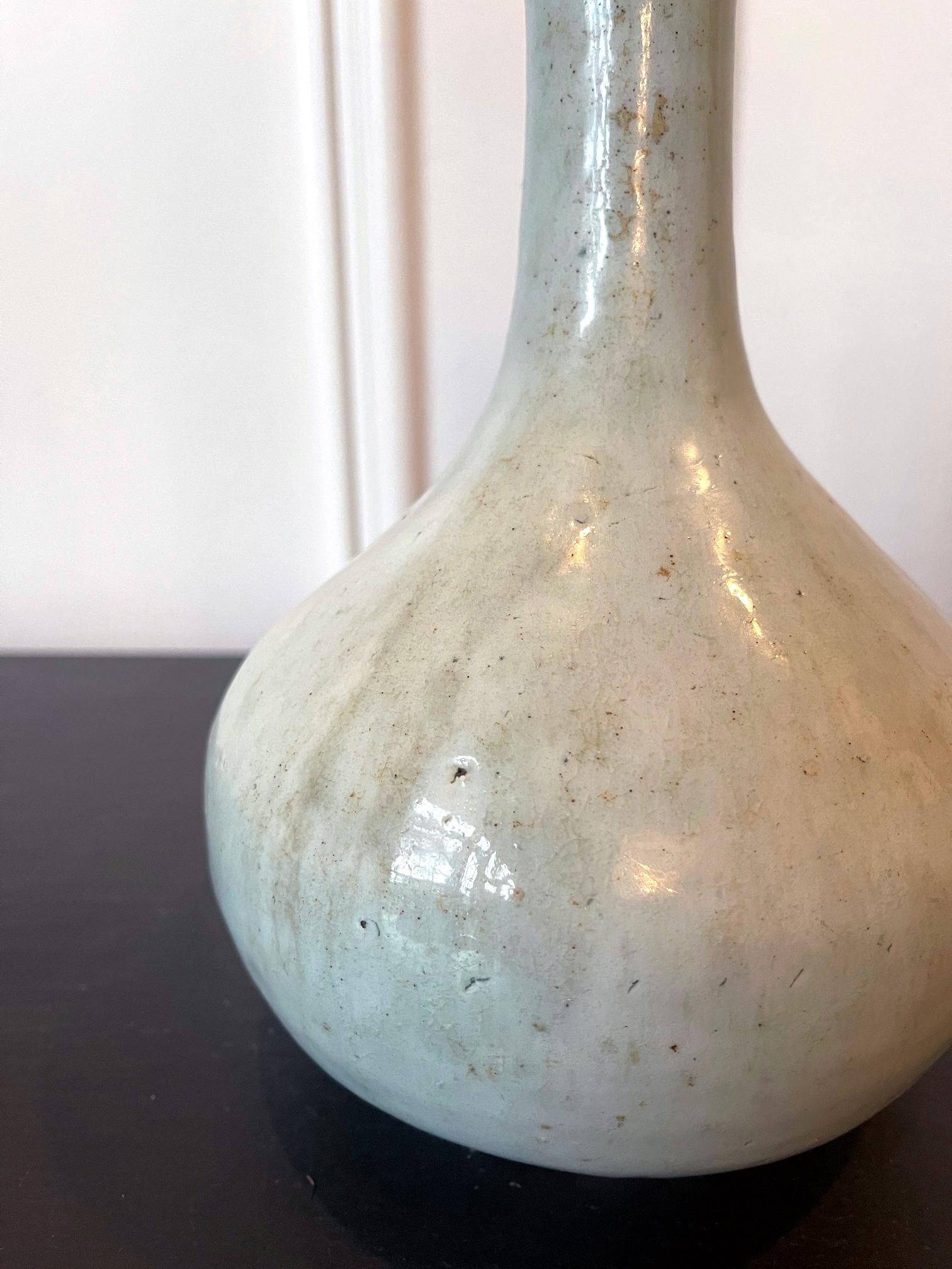 19th Century Antique Korean Ceramic White Glazed Bottle Vase Joseon Dynasty For Sale
