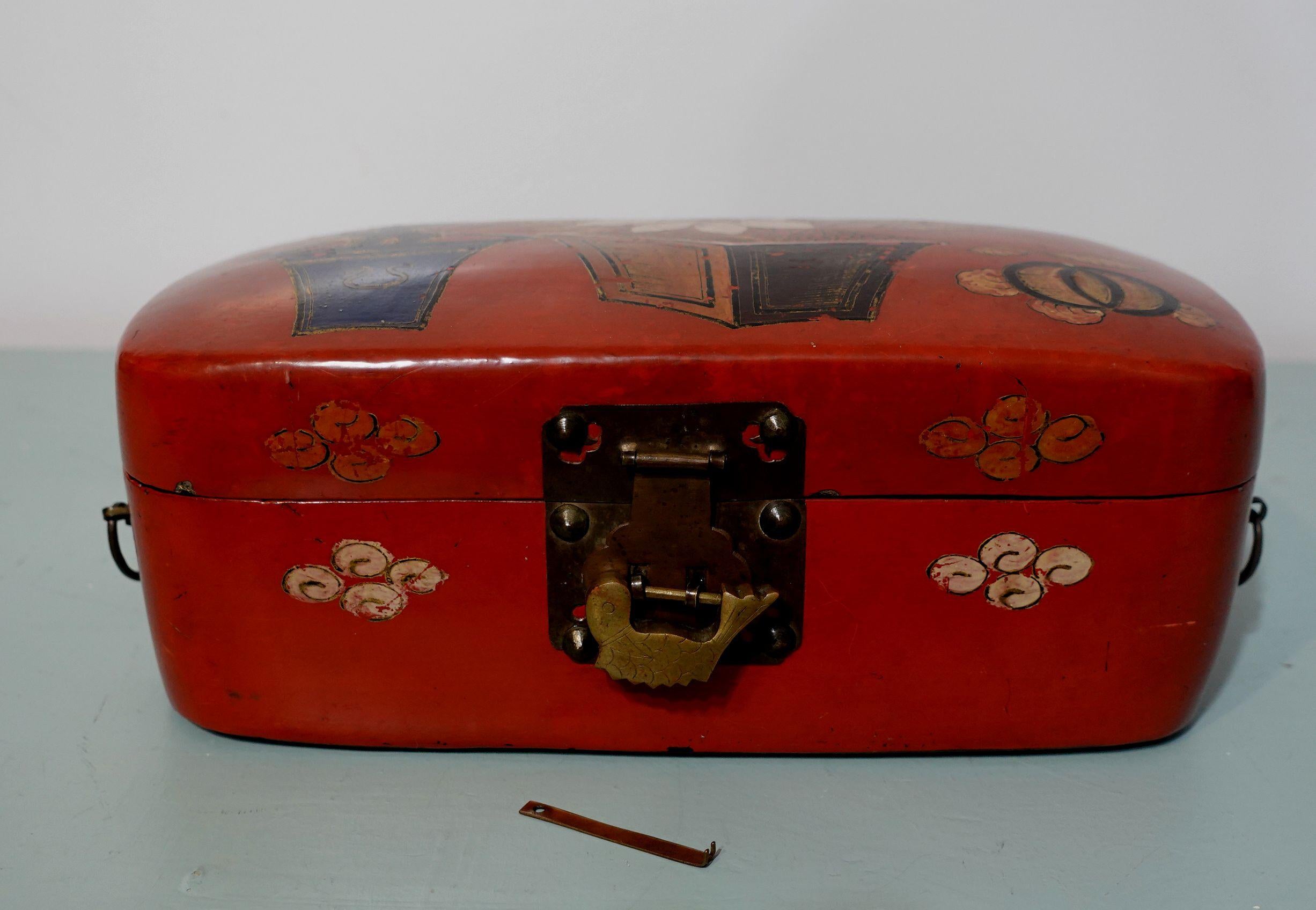 Antique, a beautiful Korean Cinnabar Lacquer box with lock, hand-painted, depicting traditional Korean lucky patterns of the vase. flower, art-rock in the very reddish color. It comes with an old lock and an old key, a very charming look.

     