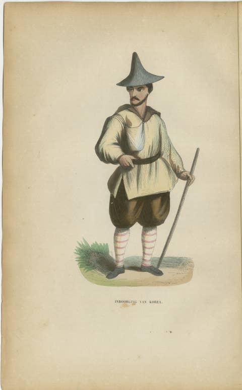 Antique Korean Costume Figure Lithograph, Traditional Korean Dress, 1852