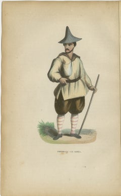 Antique Korean Costume Figure Lithograph, Traditional Korean Dress, 1852