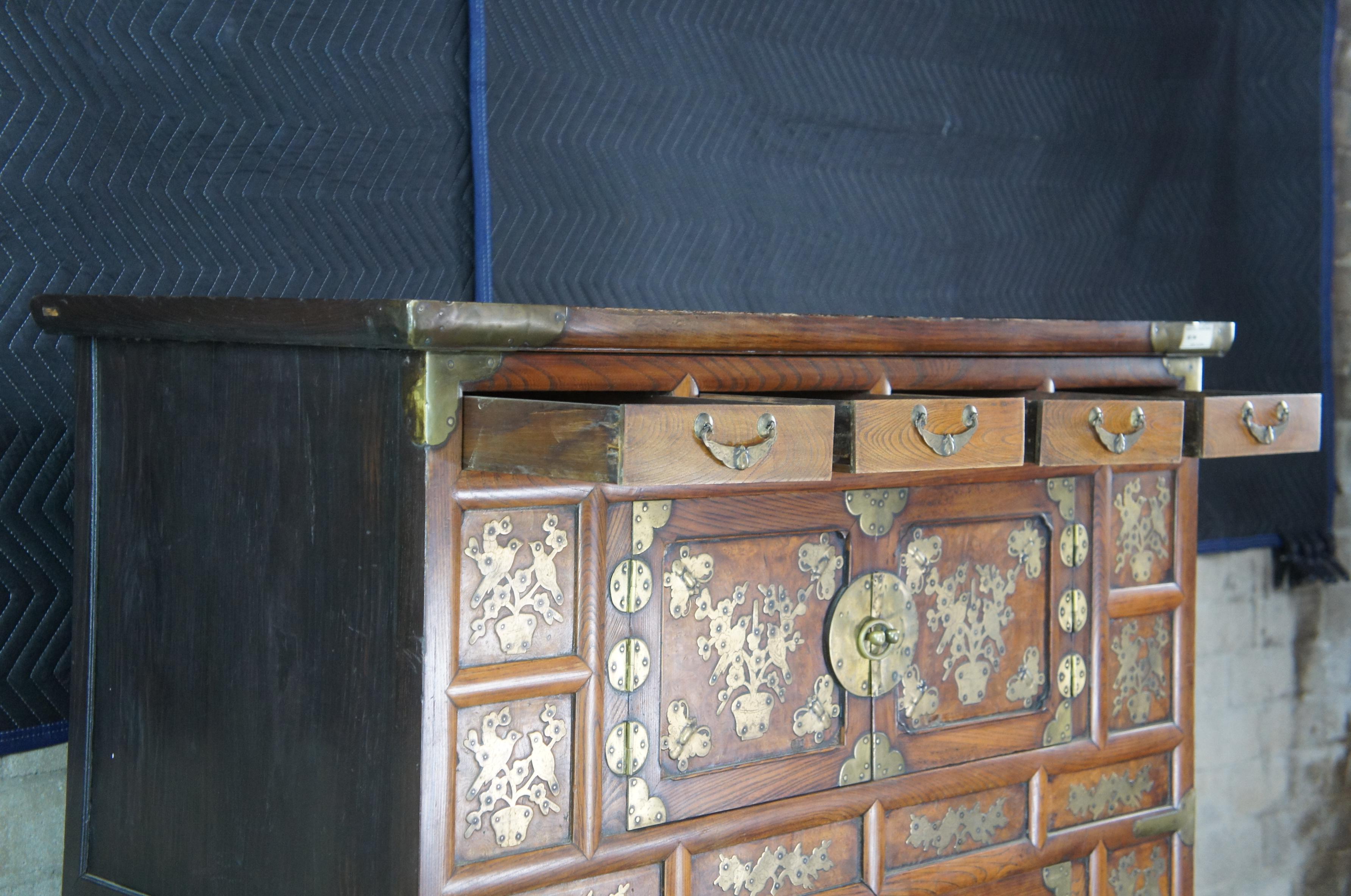 19th Century Antique Korean Elm Brass Bound Bandaji Nong Tansu Scholars Chest Wedding Cabinet For Sale