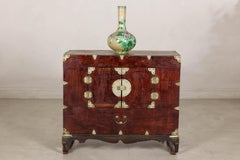 Antique Korean Elm Cabinet with Brass Hardware and Periwinkle Interior