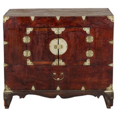 Antique Korean Elm Cabinet with Brass Hardware and Periwinkle Interior