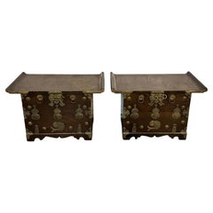 Antique Korean Hardwood Bandaji Trunk Chest w/ Brass Accents & Rice Paper Lining