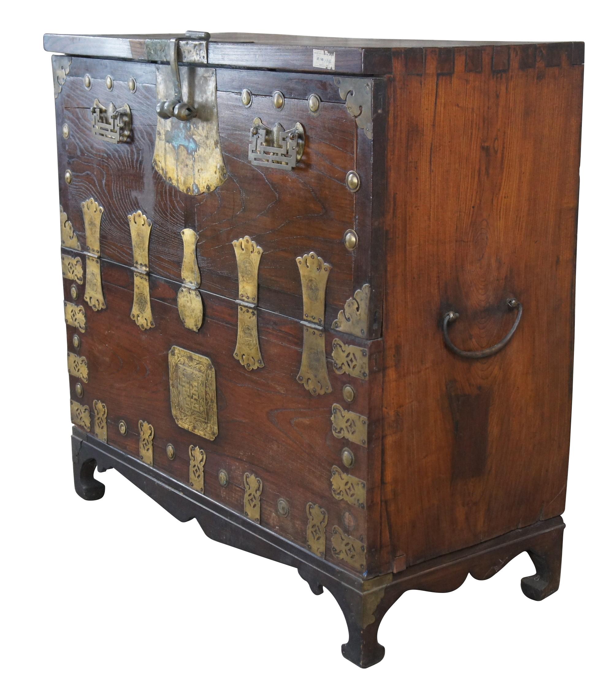Antique Korean Bandaji chest on stand or trunk featuring Zelkova elm frame with brass accents. The Korean name bandaji (literally meaning 