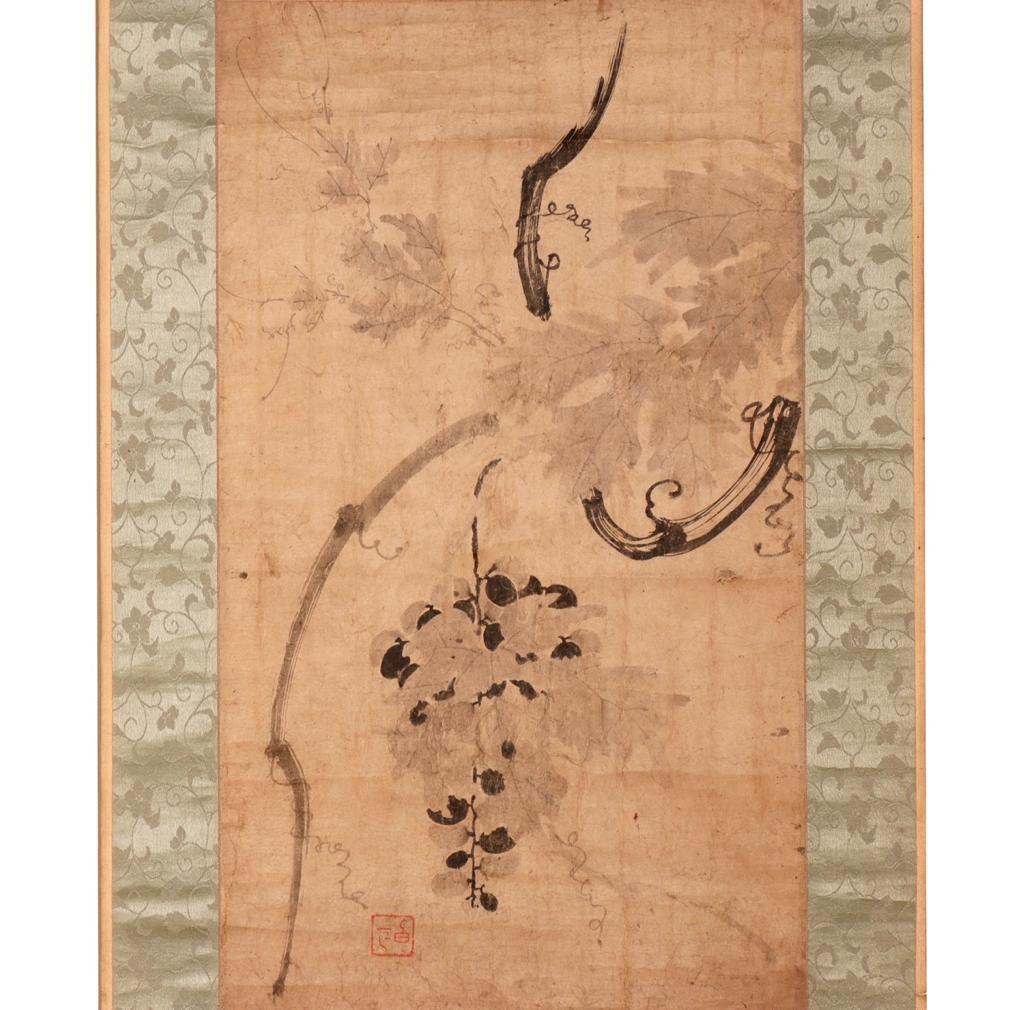 Antique Korean literati ink painting on paper of Grapevine, unidentified artist, hanging scroll mounting. Grapevine in Korea is a symbolic reference to a wish for an endless line of descendants. This painting is expertly painted showing the varied