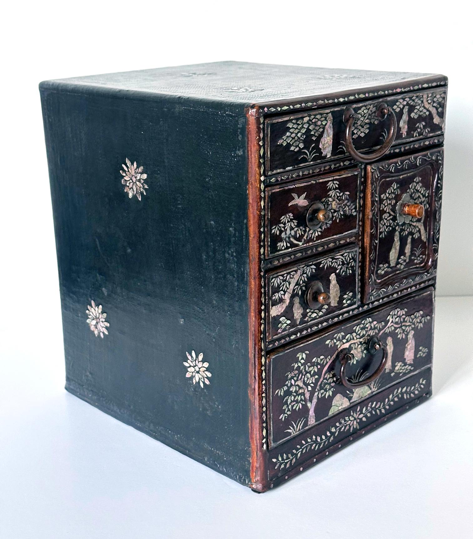 19th Century Antique Korean Mother of Pearl Inlay Lacquer Tabletop Accessory Chest Joseon For Sale