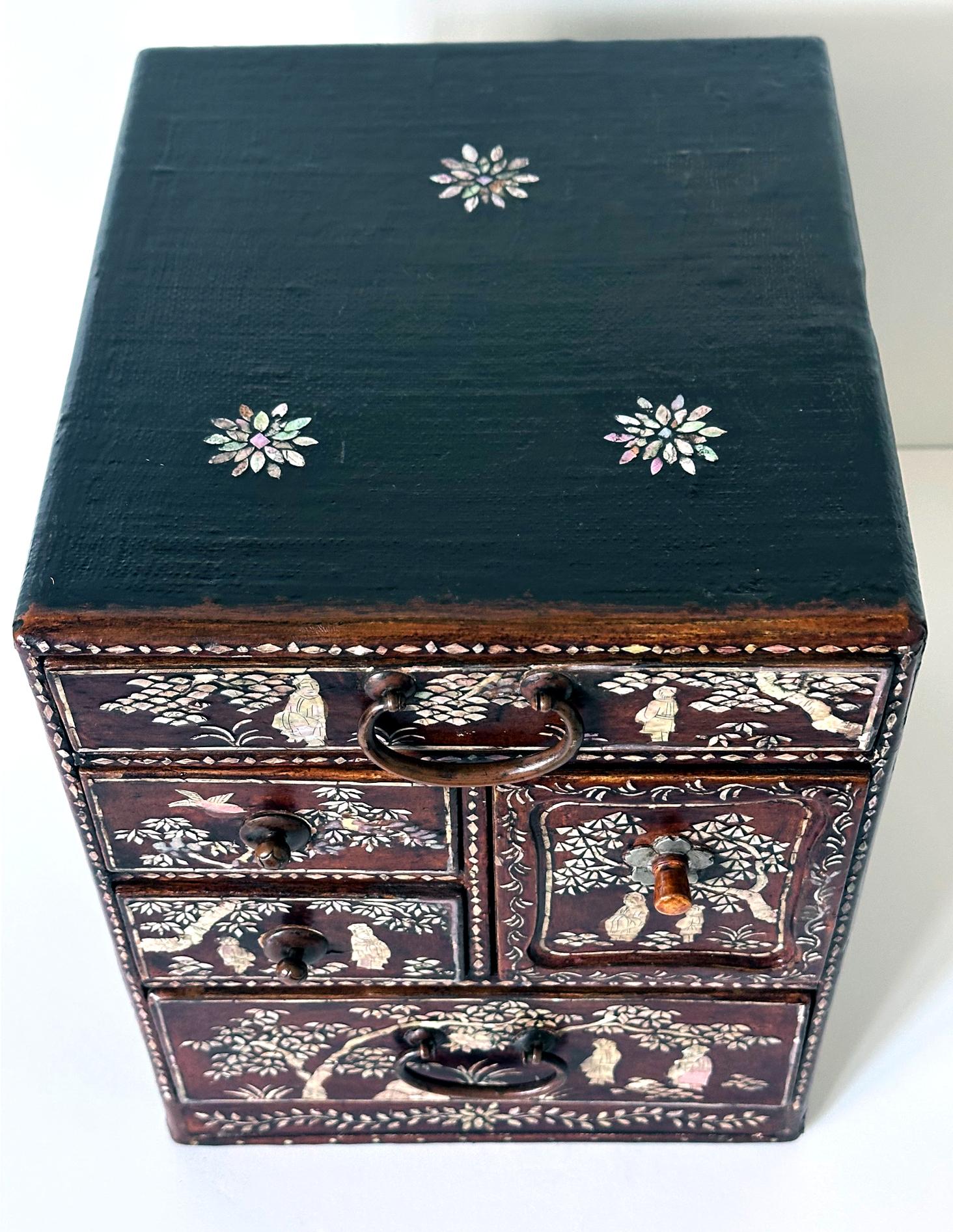 Brass Antique Korean Mother of Pearl Inlay Lacquer Tabletop Accessory Chest Joseon For Sale