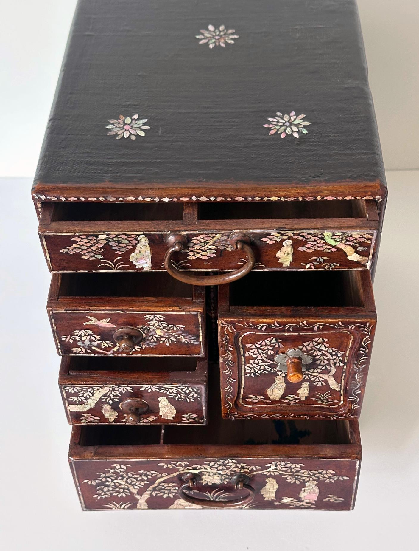 Antique Korean Mother of Pearl Inlay Lacquer Tabletop Accessory Chest Joseon For Sale 2