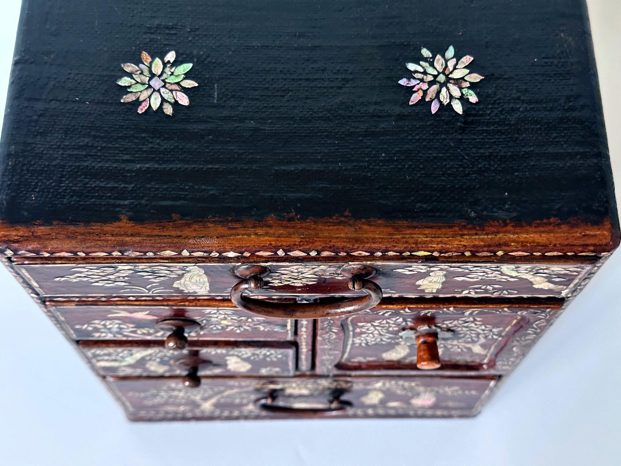 Antique Korean Mother of Pearl Inlay Lacquer Tabletop Accessory Chest Joseon For Sale 3