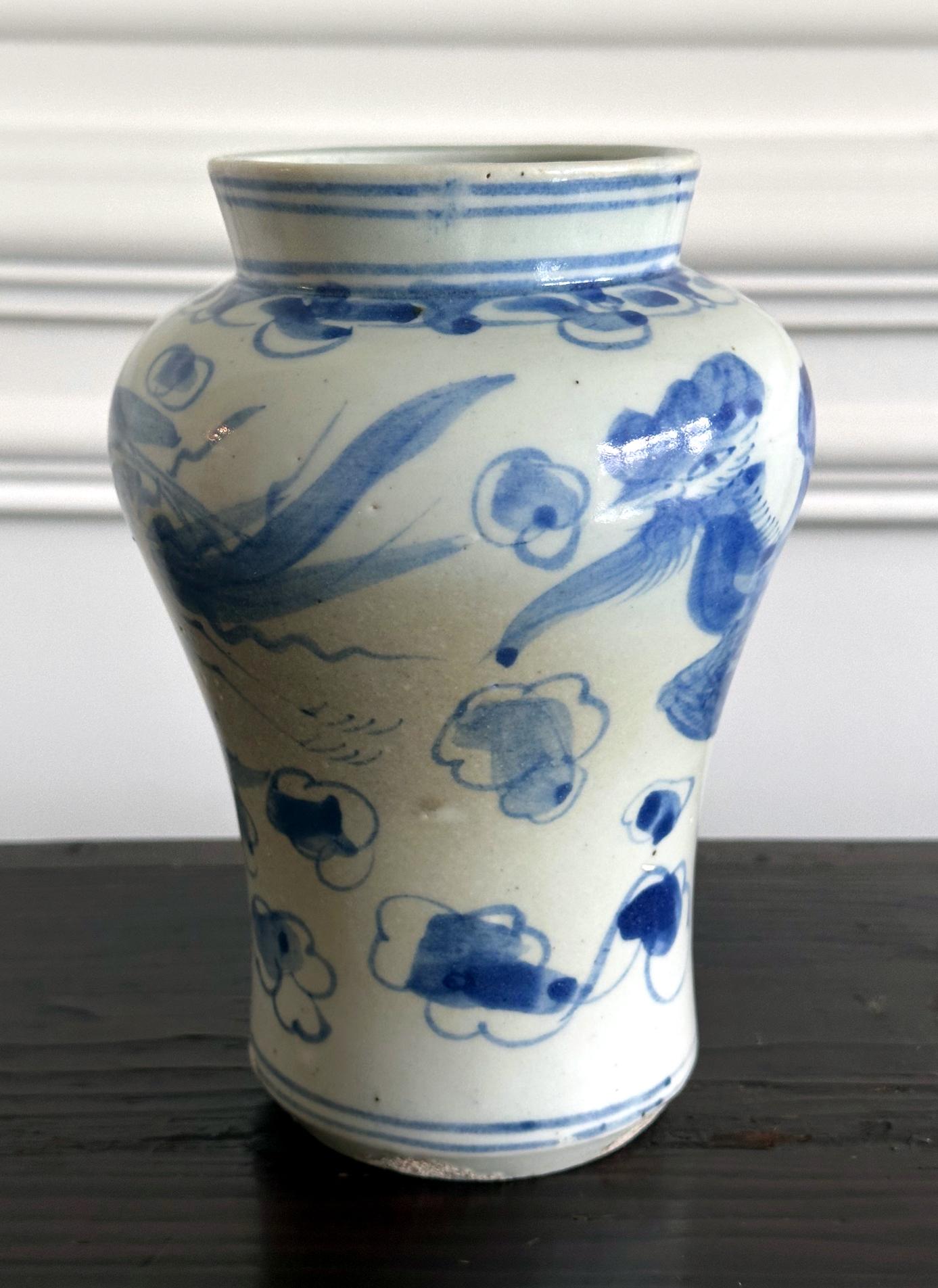 19th Century Antique Korean Porcelain Jar with Pheonix Design Joseon Dynasty For Sale