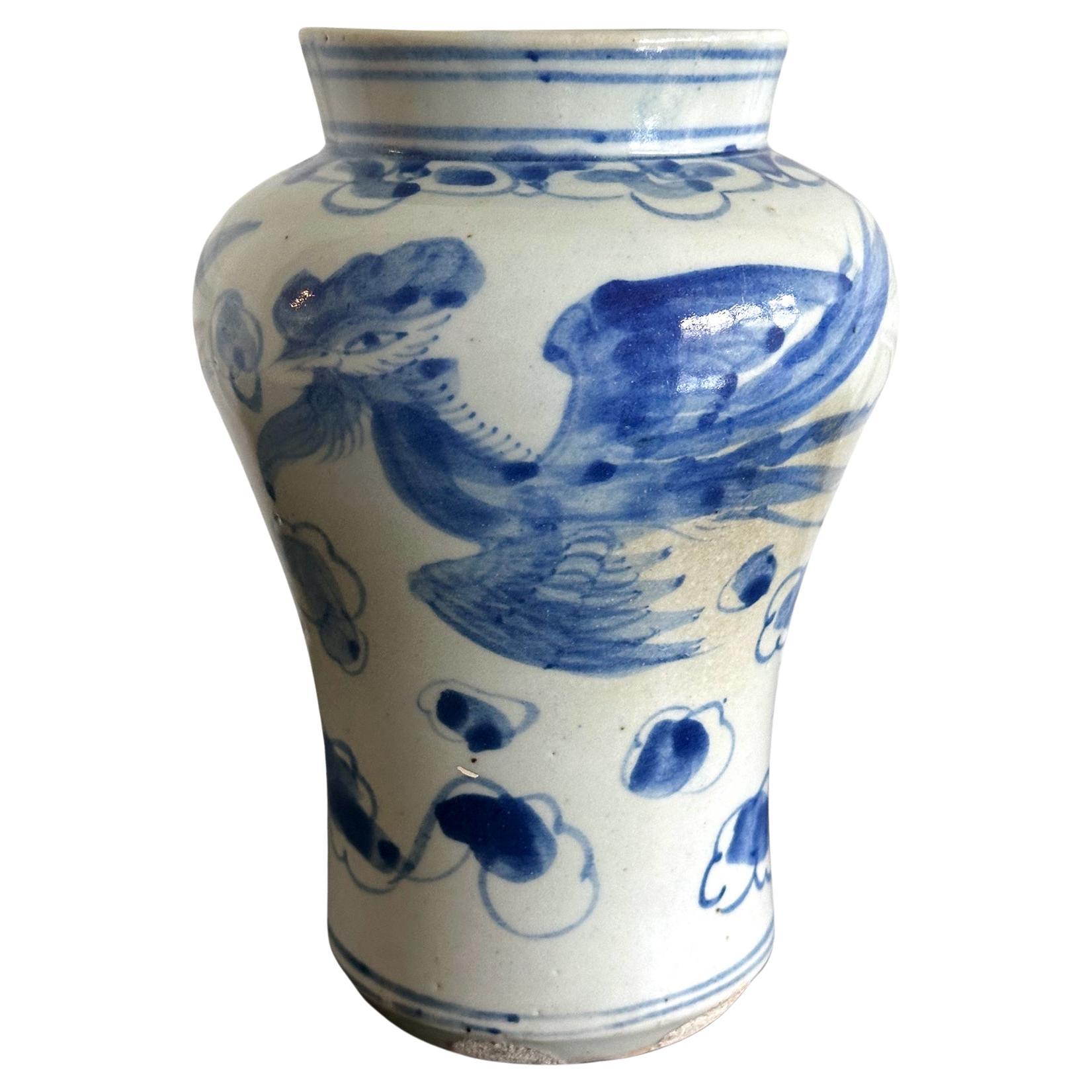 Antique Korean Porcelain Jar with Pheonix Design Joseon Dynasty For Sale