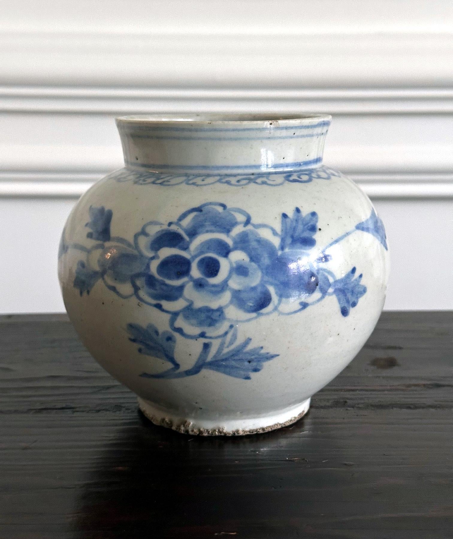 Glazed Antique Korean Porcelain Peony Jar Joseon Dynasty For Sale