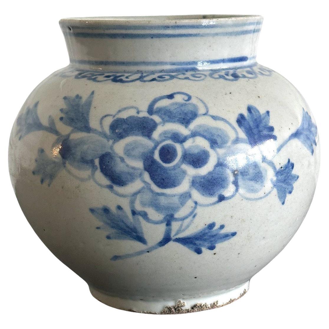 Antique Korean Porcelain Peony Jar Joseon Dynasty For Sale