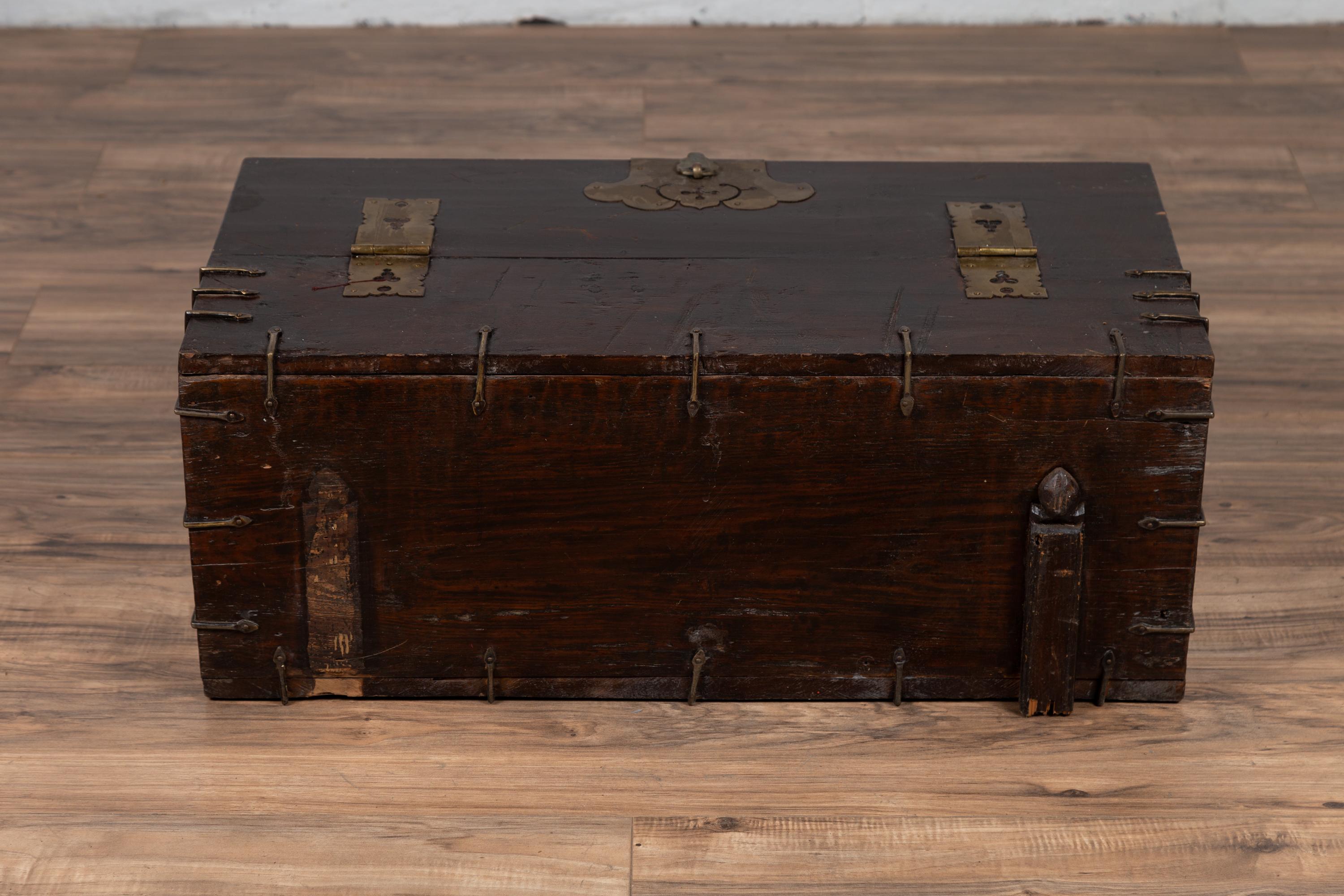Antique Korean Small Wooden Chest with Cut Brass Hardware and Folding Top 4
