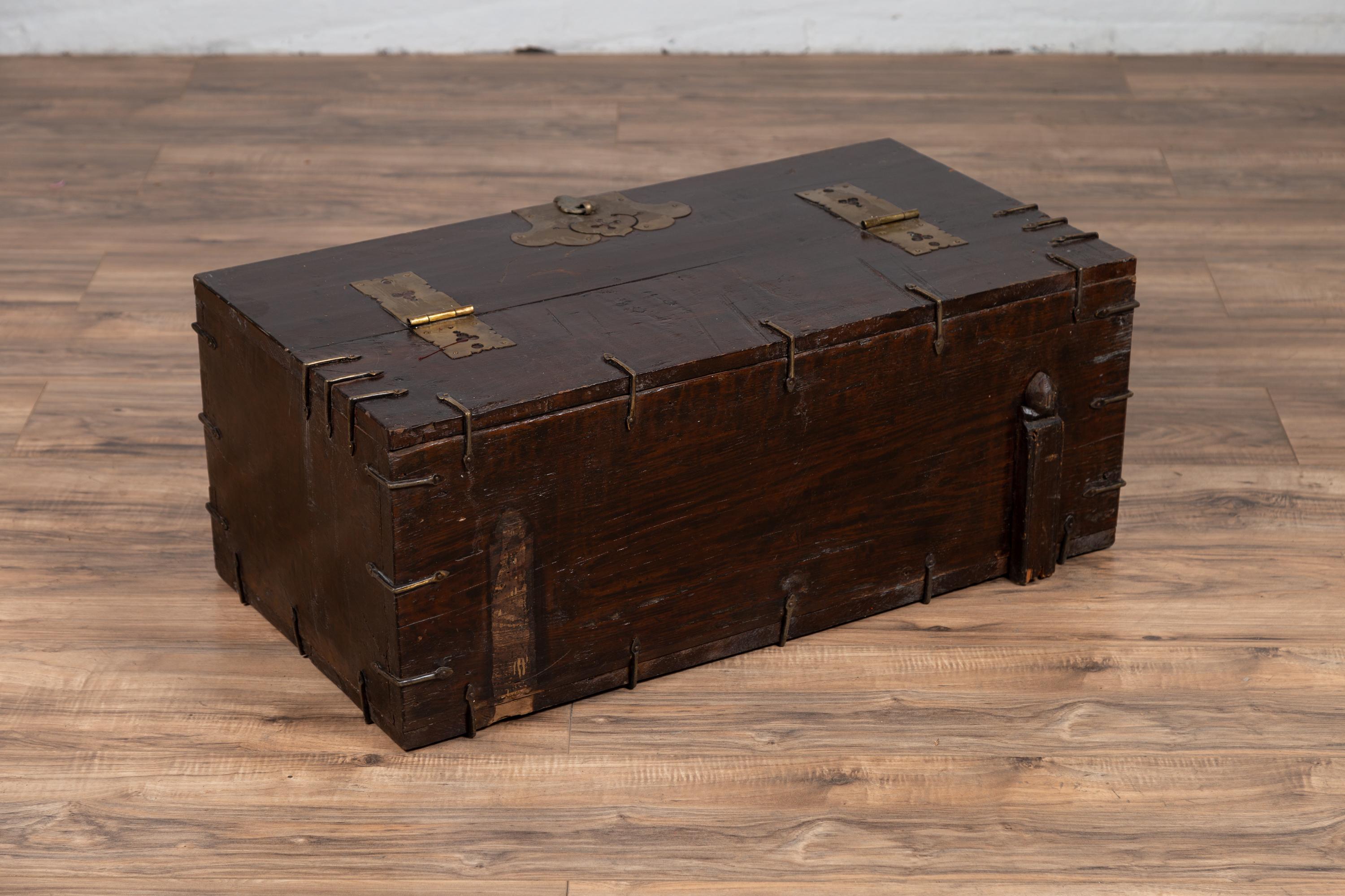 Antique Korean Small Wooden Chest with Cut Brass Hardware and Folding Top 5