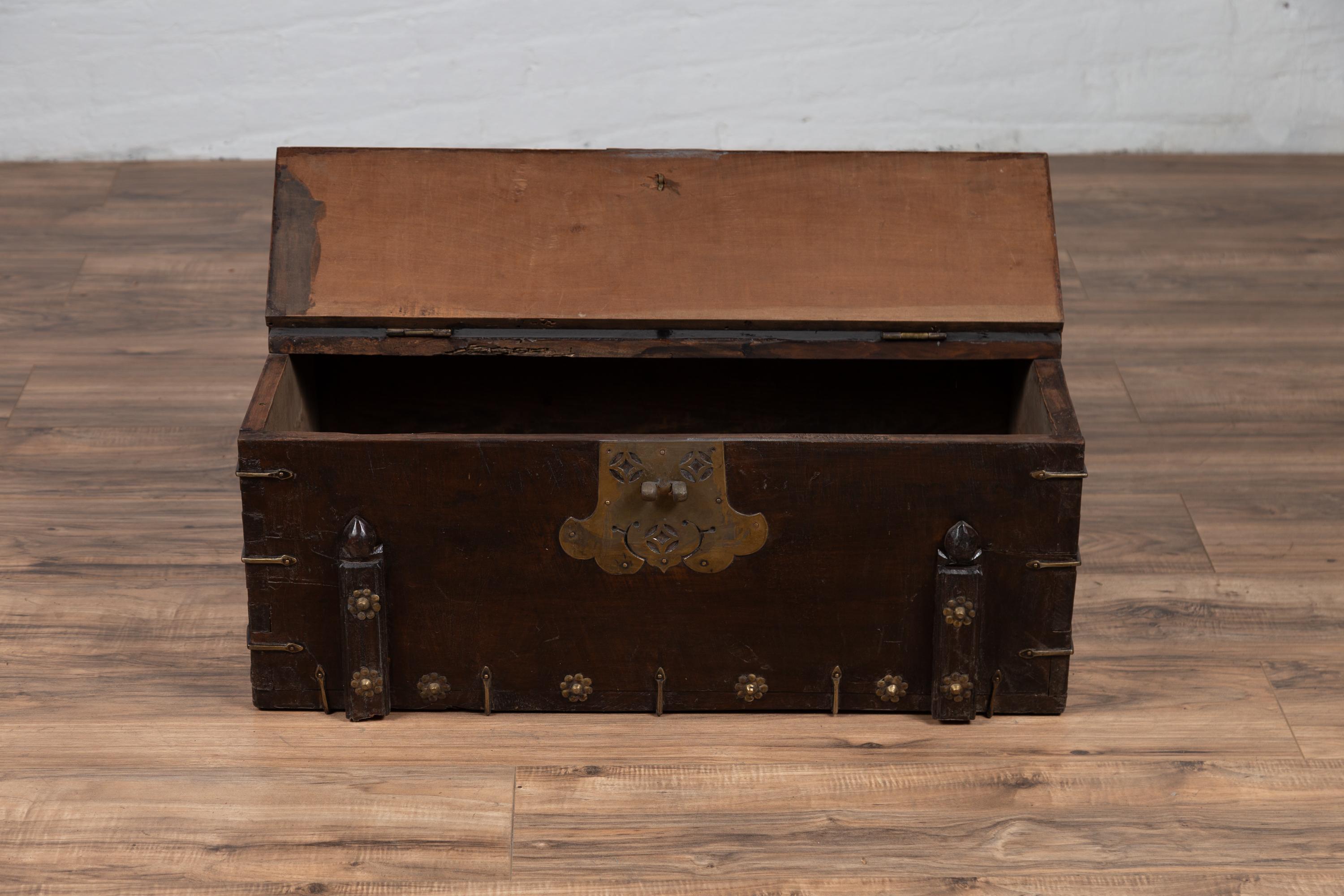 Antique Korean Small Wooden Chest with Cut Brass Hardware and Folding Top 6