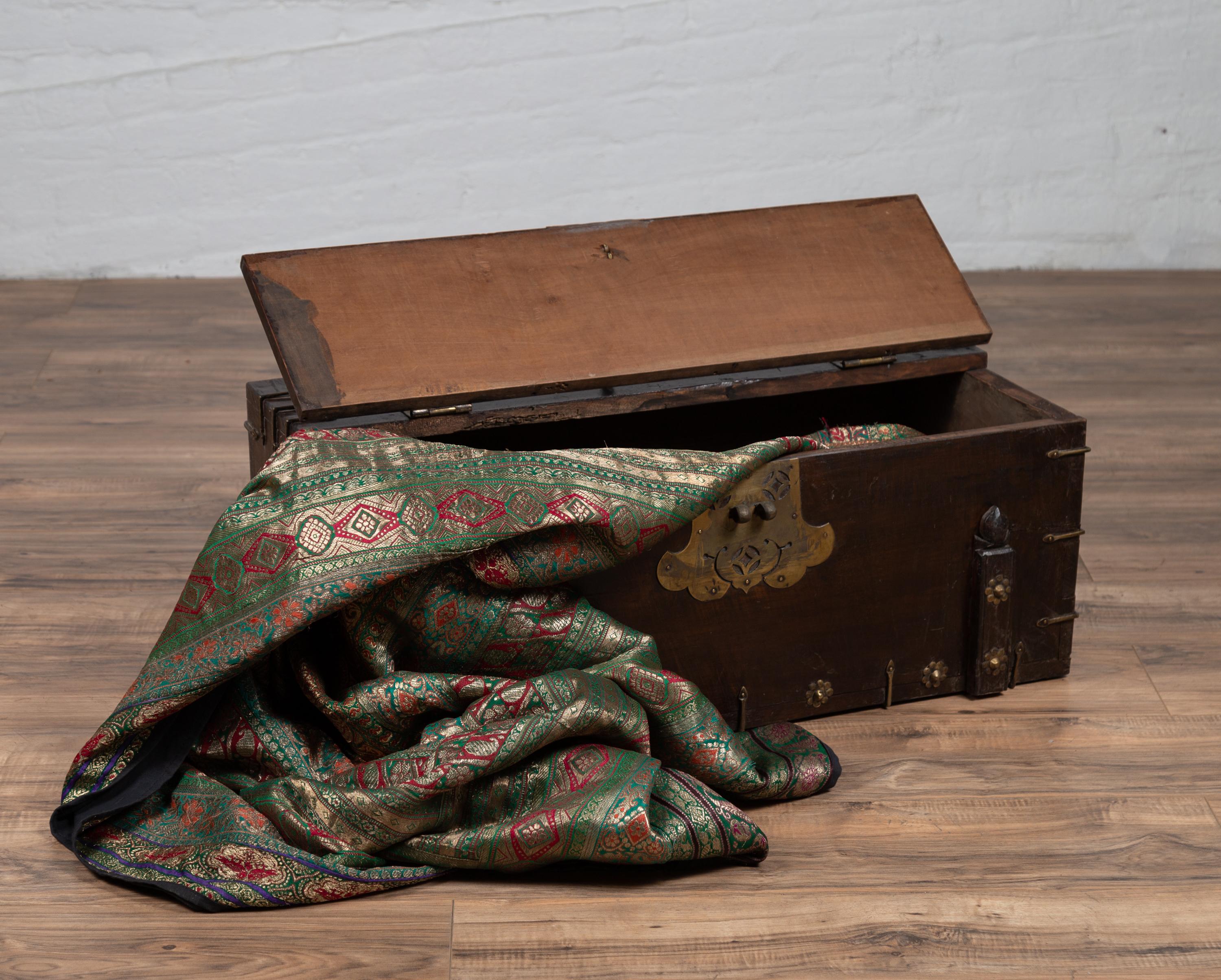 Antique Korean Small Wooden Chest with Cut Brass Hardware and Folding Top 8