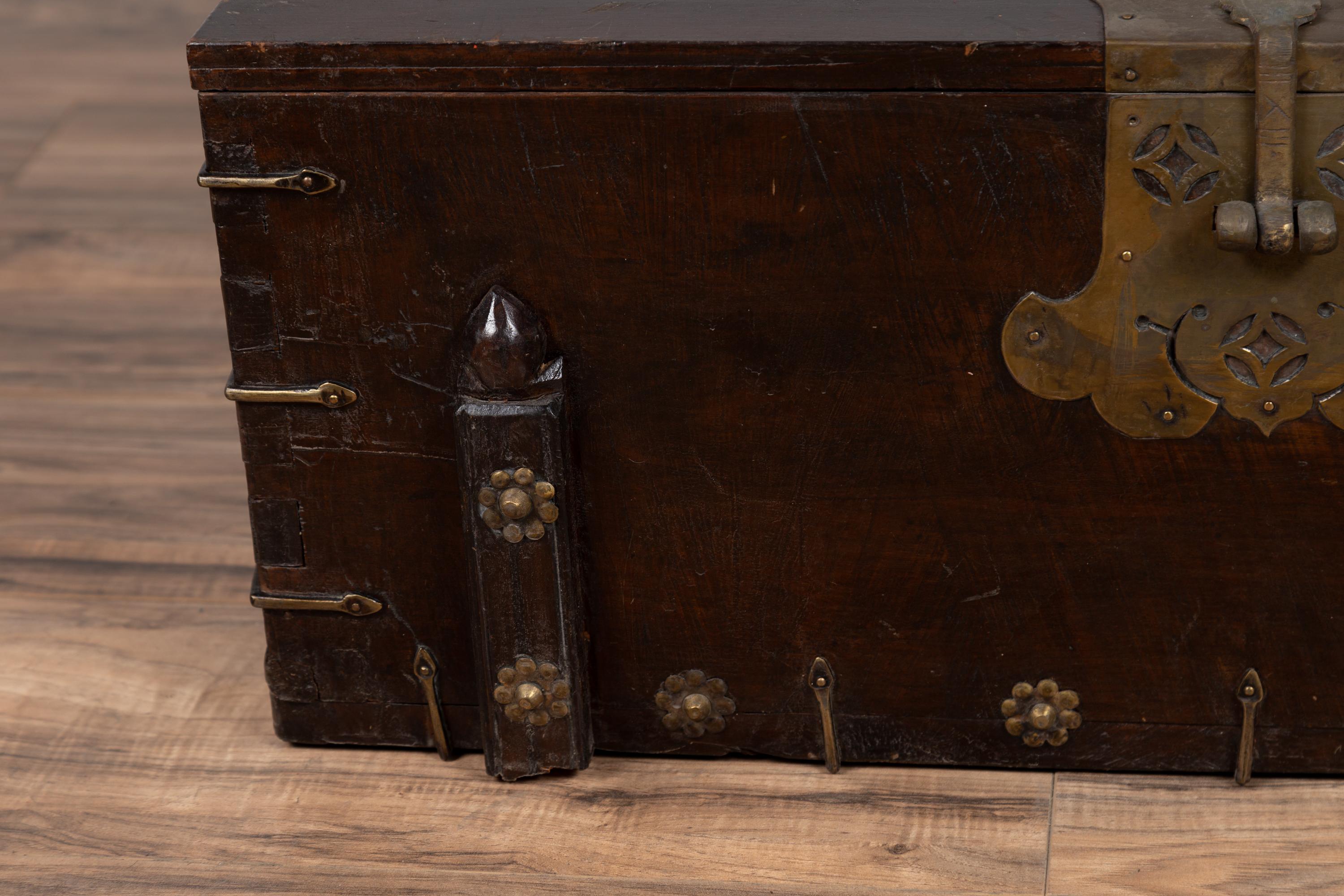 Antique Korean Small Wooden Chest with Cut Brass Hardware and Folding Top In Good Condition In Yonkers, NY