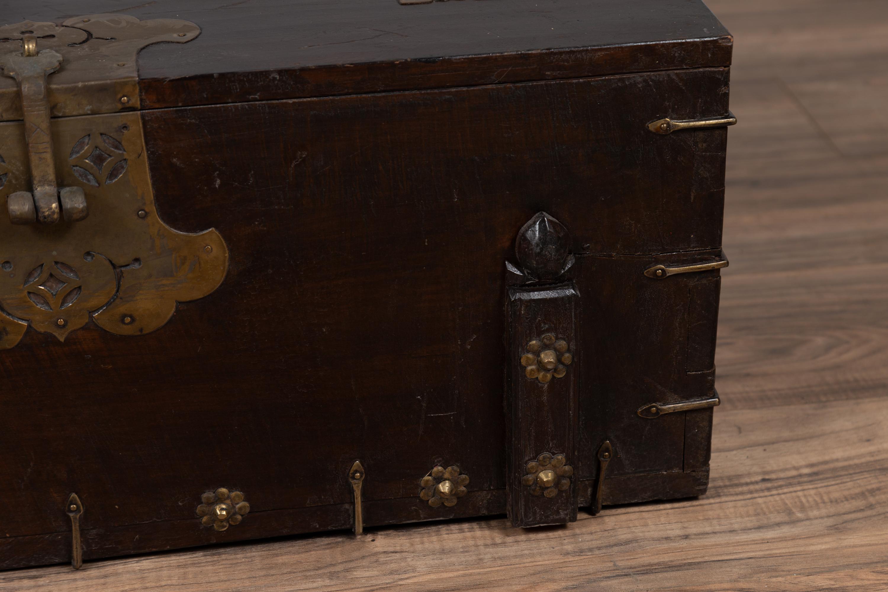20th Century Antique Korean Small Wooden Chest with Cut Brass Hardware and Folding Top