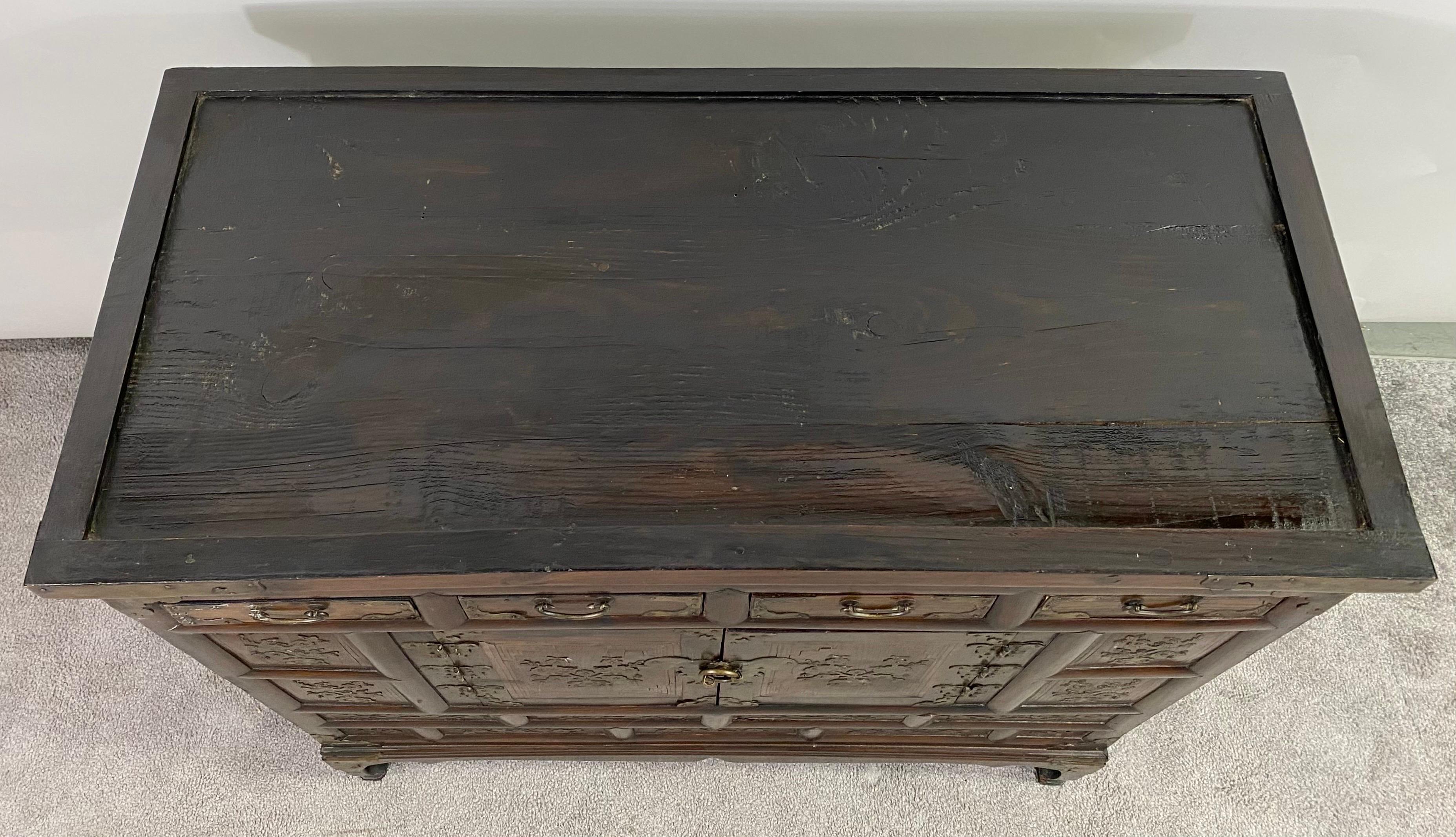 Campaign Antique Korean Tansu Butterfly Cabinet or Chest Elm Wood with Brass Inlay For Sale