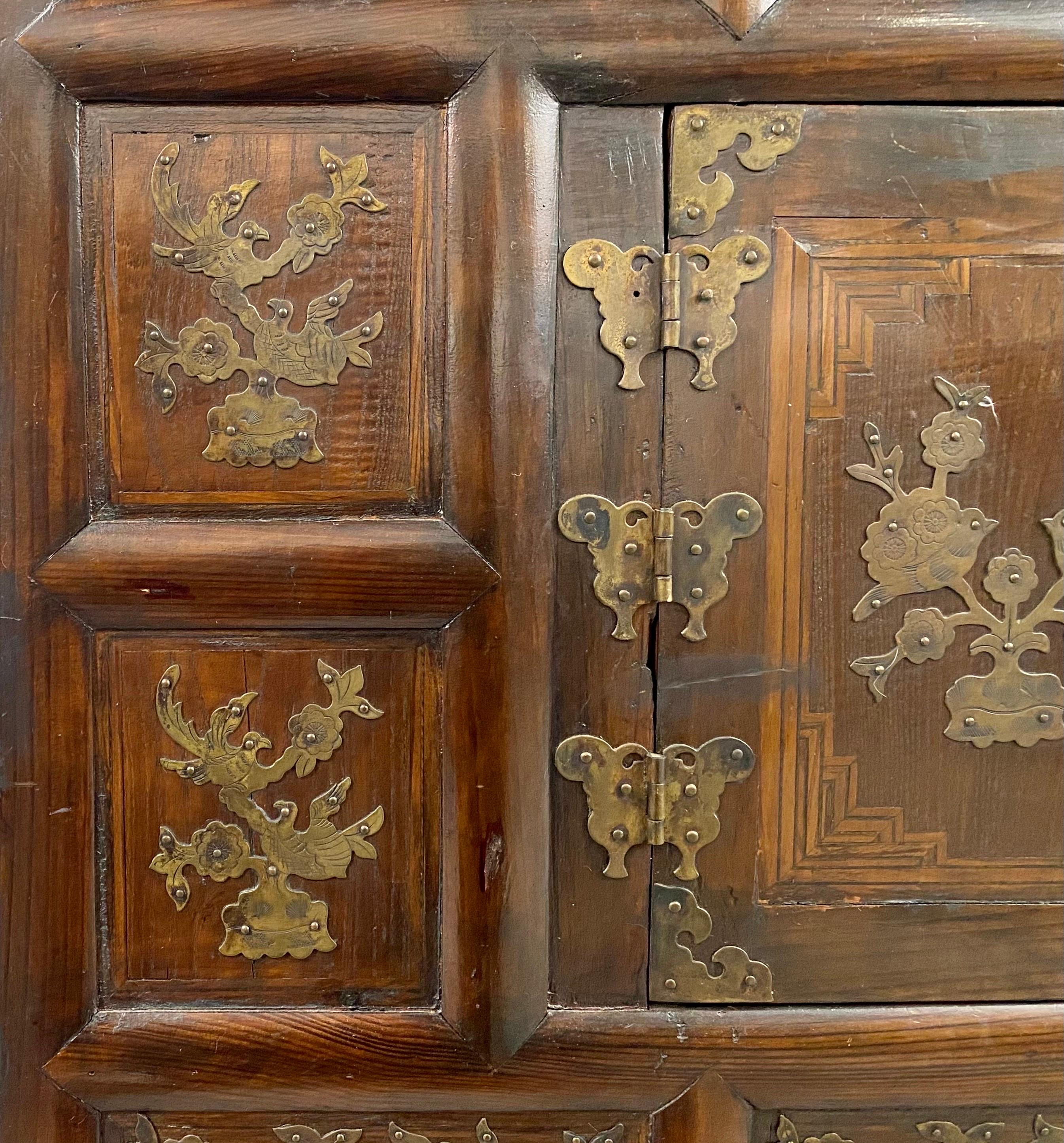 19th Century Antique Korean Tansu Butterfly Cabinet or Chest Elm Wood with Brass Inlay For Sale