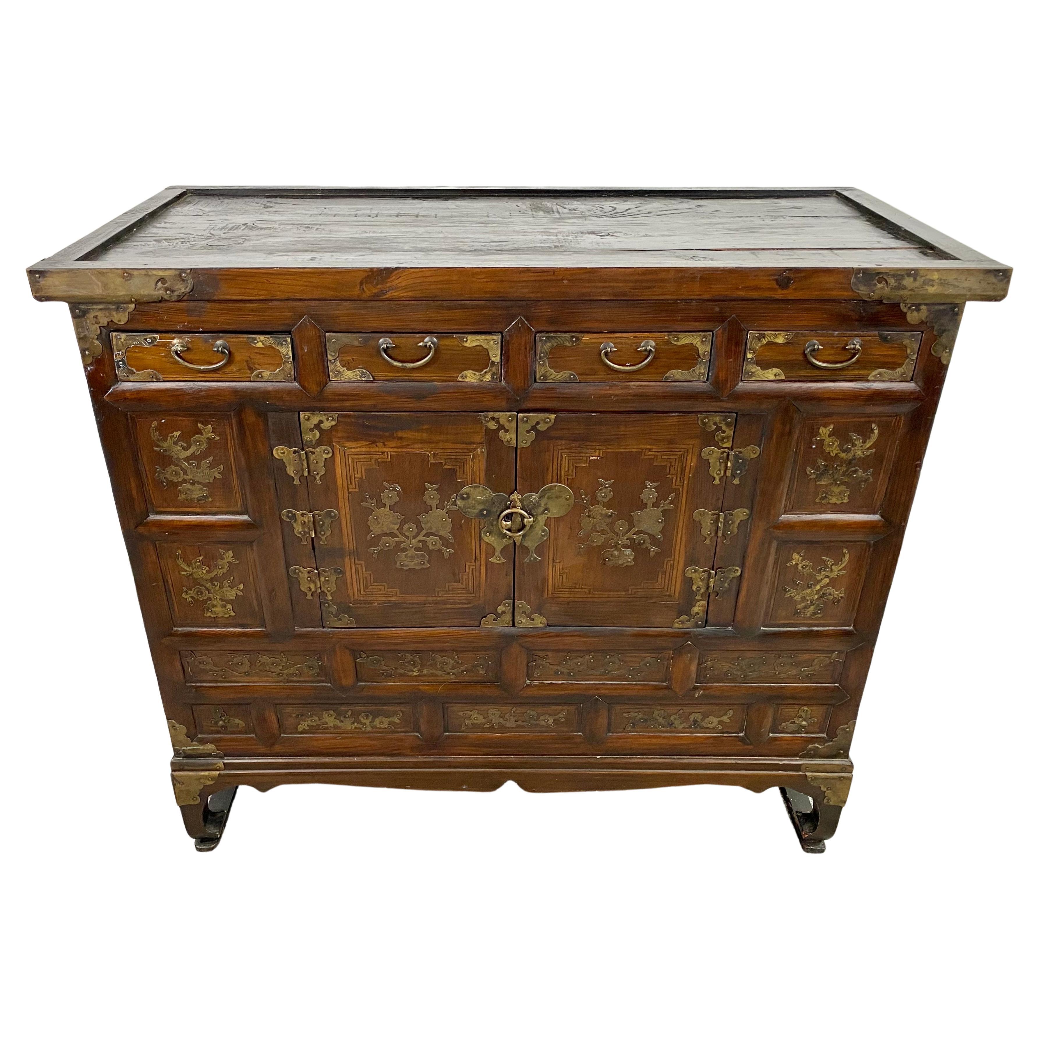 Antique Korean Tansu Butterfly Cabinet or Chest Elm Wood with Brass Inlay For Sale