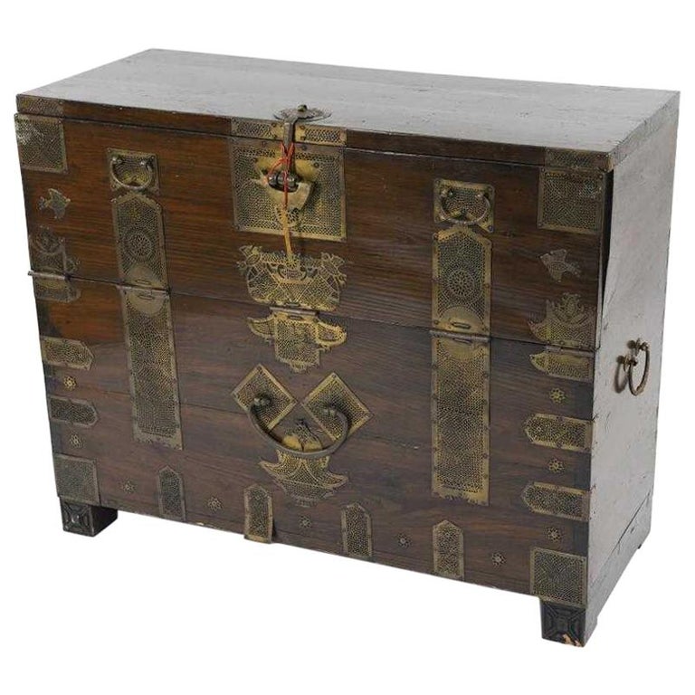 Antique Korean Tansu Elm Wood Chest with Brass Trim For Sale at 1stDibs
