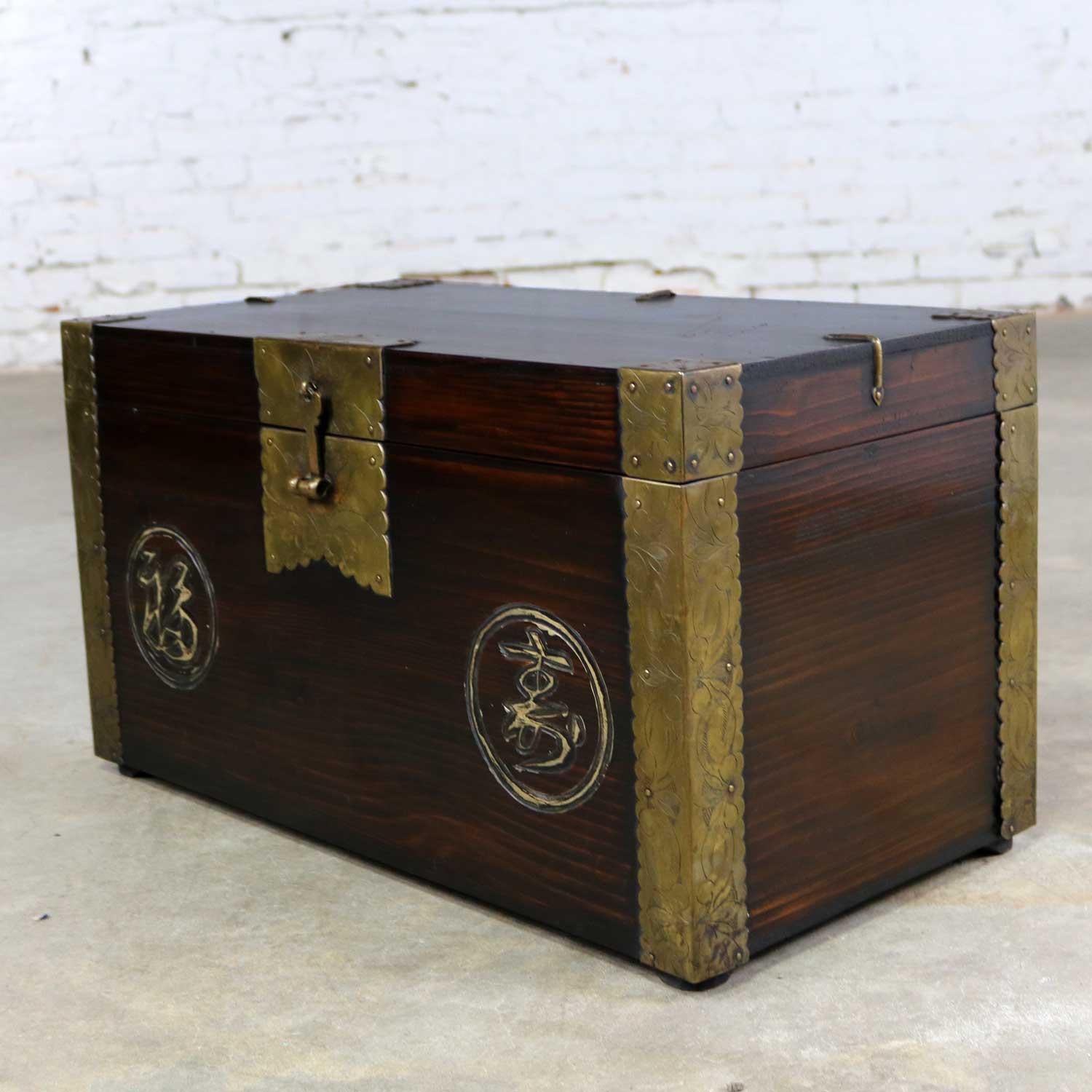 Brass Antique Korean Trunk Chest or Box circa 1920s with Luck and Longevity Characters For Sale