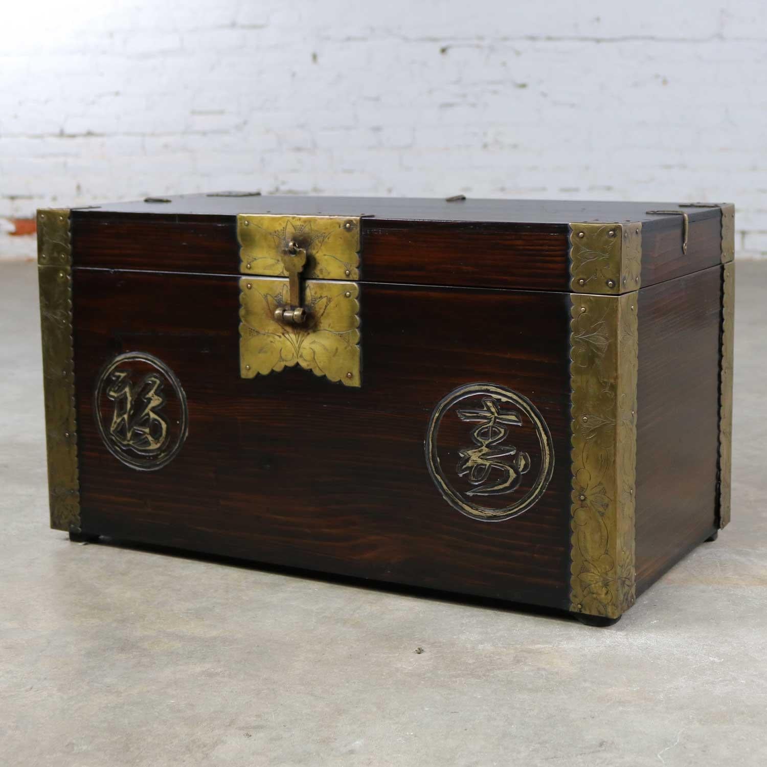 Antique Korean Trunk Chest or Box circa 1920s with Luck and Longevity Characters For Sale 1