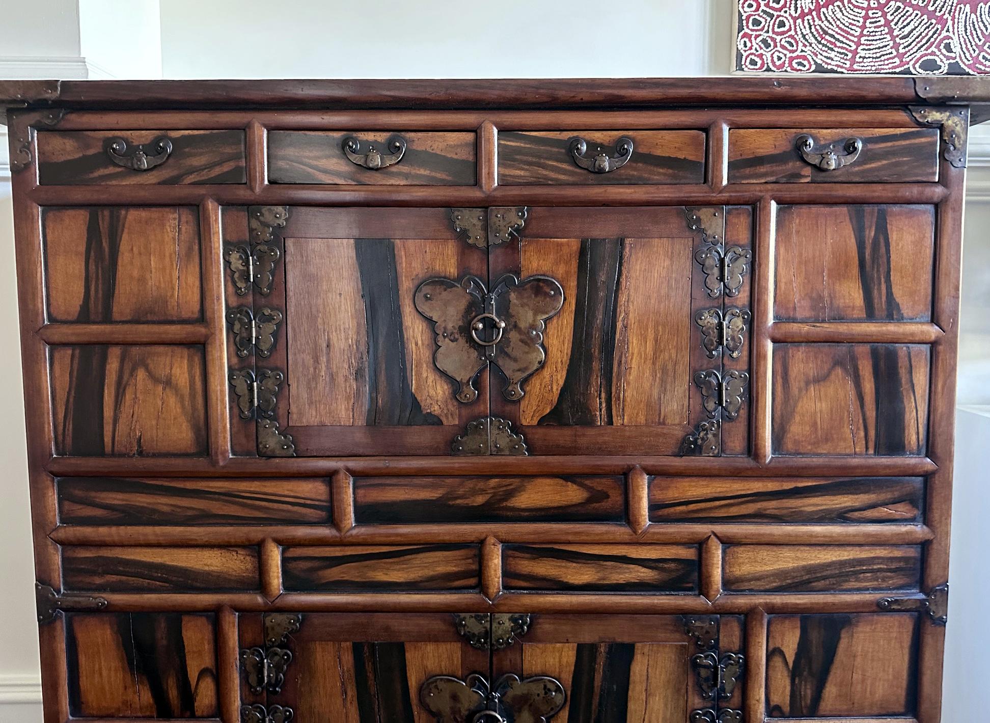 19th Century Antique Korean Two-Level Storage Chest Ich’ung Jang with Persimmon Panels For Sale
