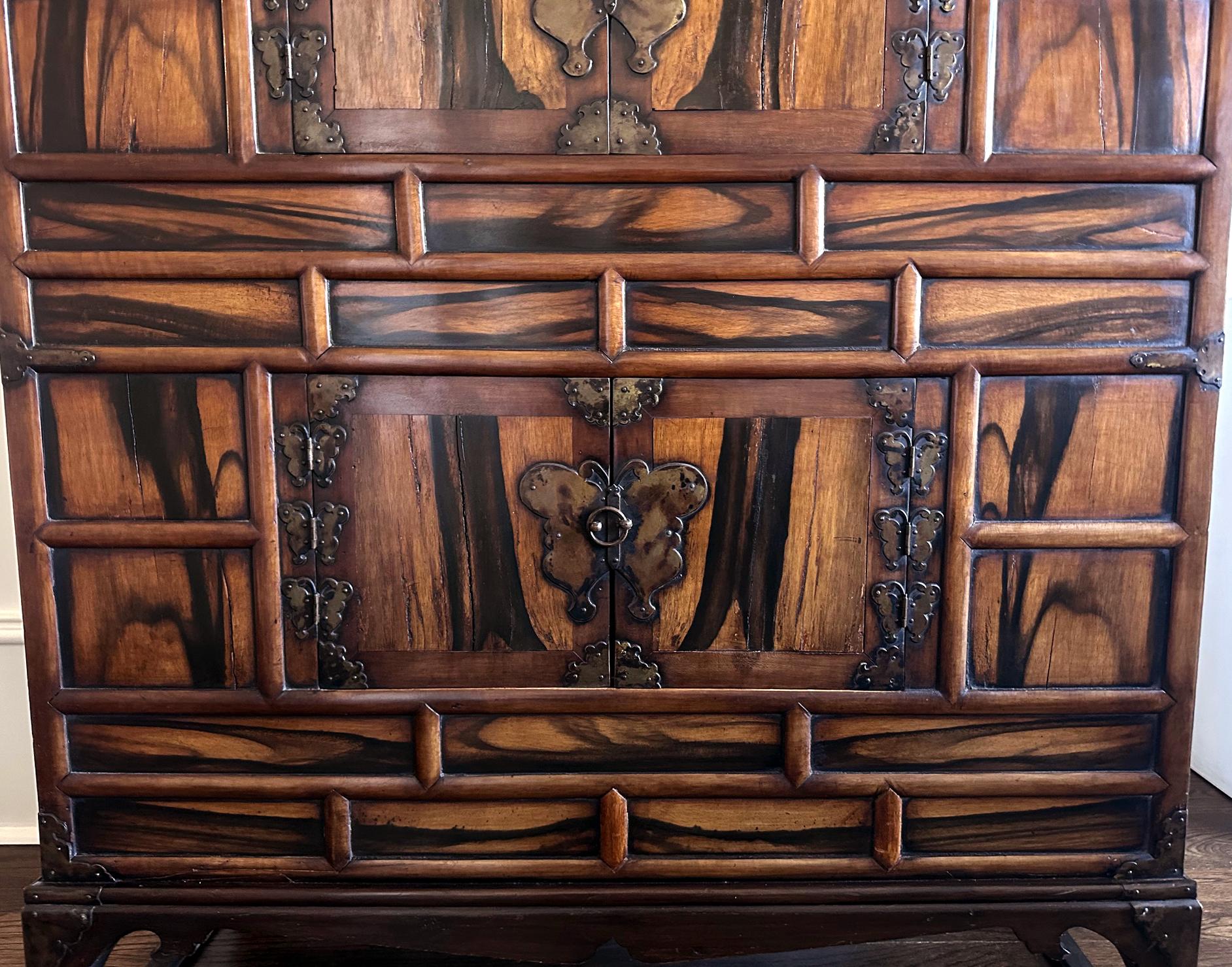 Brass Antique Korean Two-Level Storage Chest Ich’ung Jang with Persimmon Panels For Sale