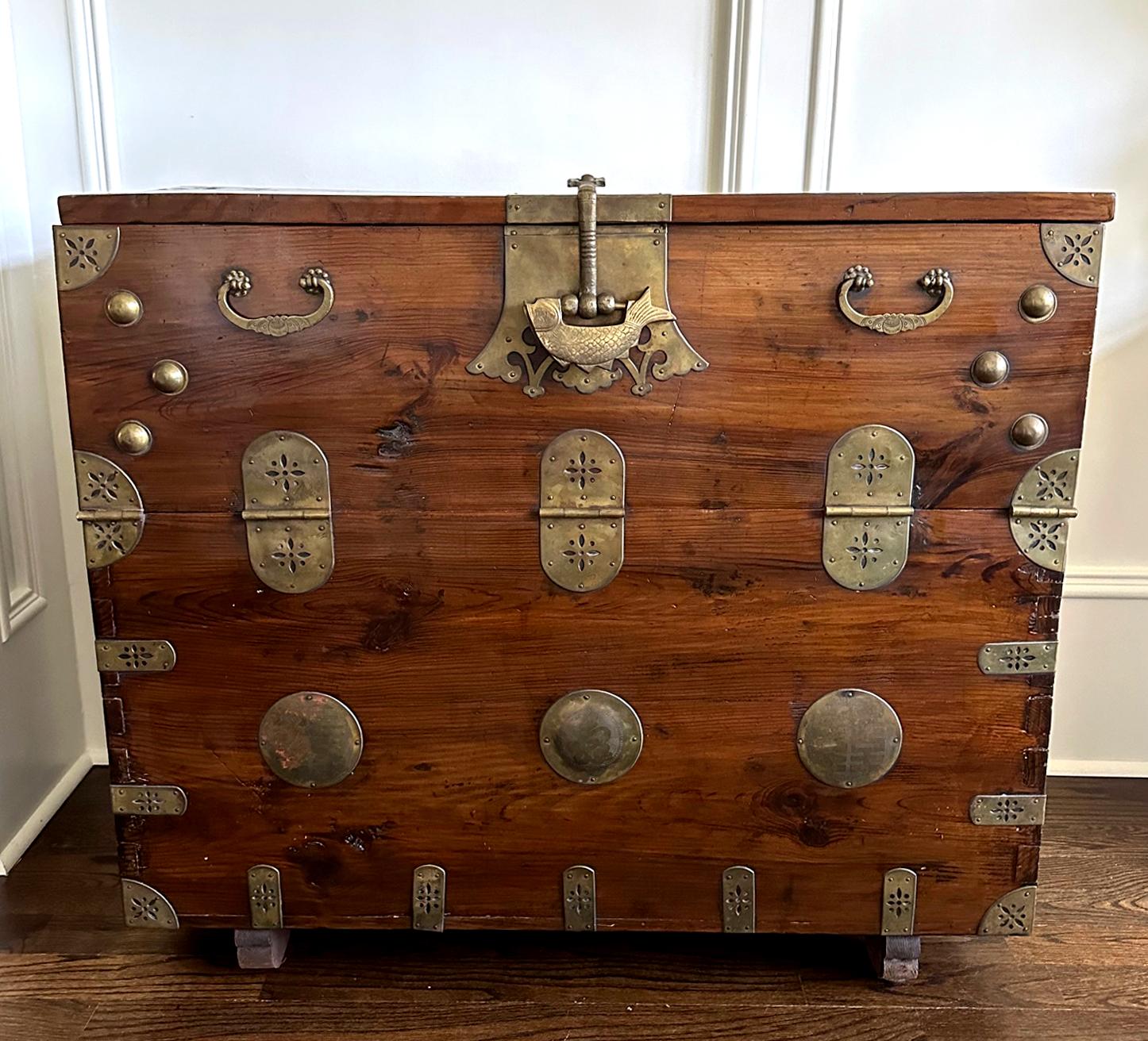 A Korean Bandaji chest circa late 19th century of Joseon Dynasty, from Gyeonggi Do (Central to South of Korean Peninsula where Seoul is located), likely Namhansanseong subtype. Known as drop front half opening chest, Bandaji was traditionally used