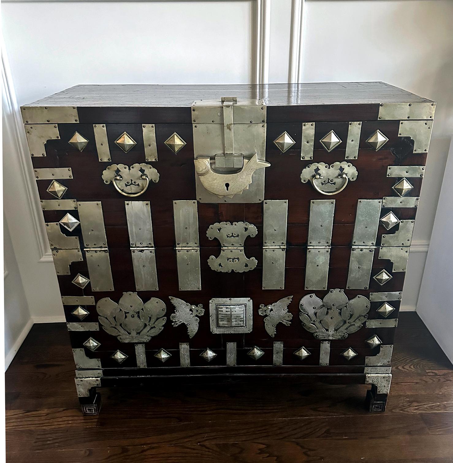 A striking Korean Bandaji with lots of original patina circa 19th century of late Joseon Dynasty. Bandaji is known as drop front half-opening chest that was used to store family valuables and beddings. The Bandaji on offer was made in Pyongyang area