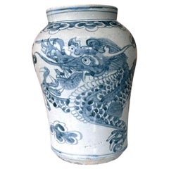 Antique Korean White and Blue Porcelain Jar with Dragon Joseon Dynasty