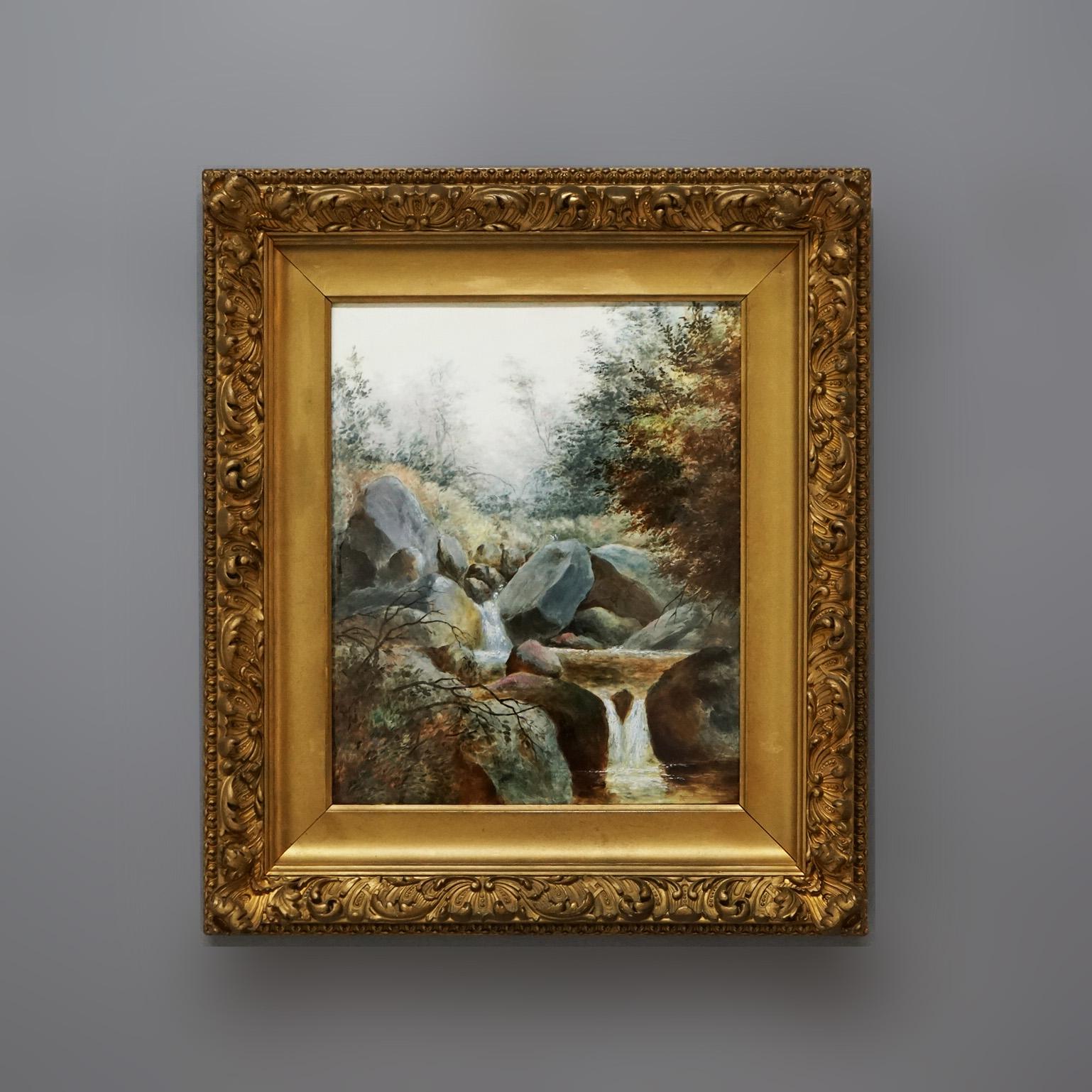 Antike KPM Berlin Continental Porzellanplakette, KPM Berlin, Landschaft mit Wasserfall, um 1880

Maße - 24,25 