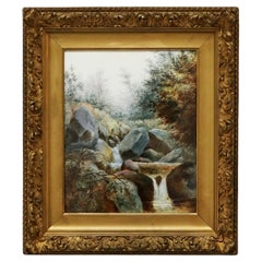 Antike KPM Berlin Continental Porzellanplakette, KPM Berlin, Landschaft mit Wasserfall, um 1880